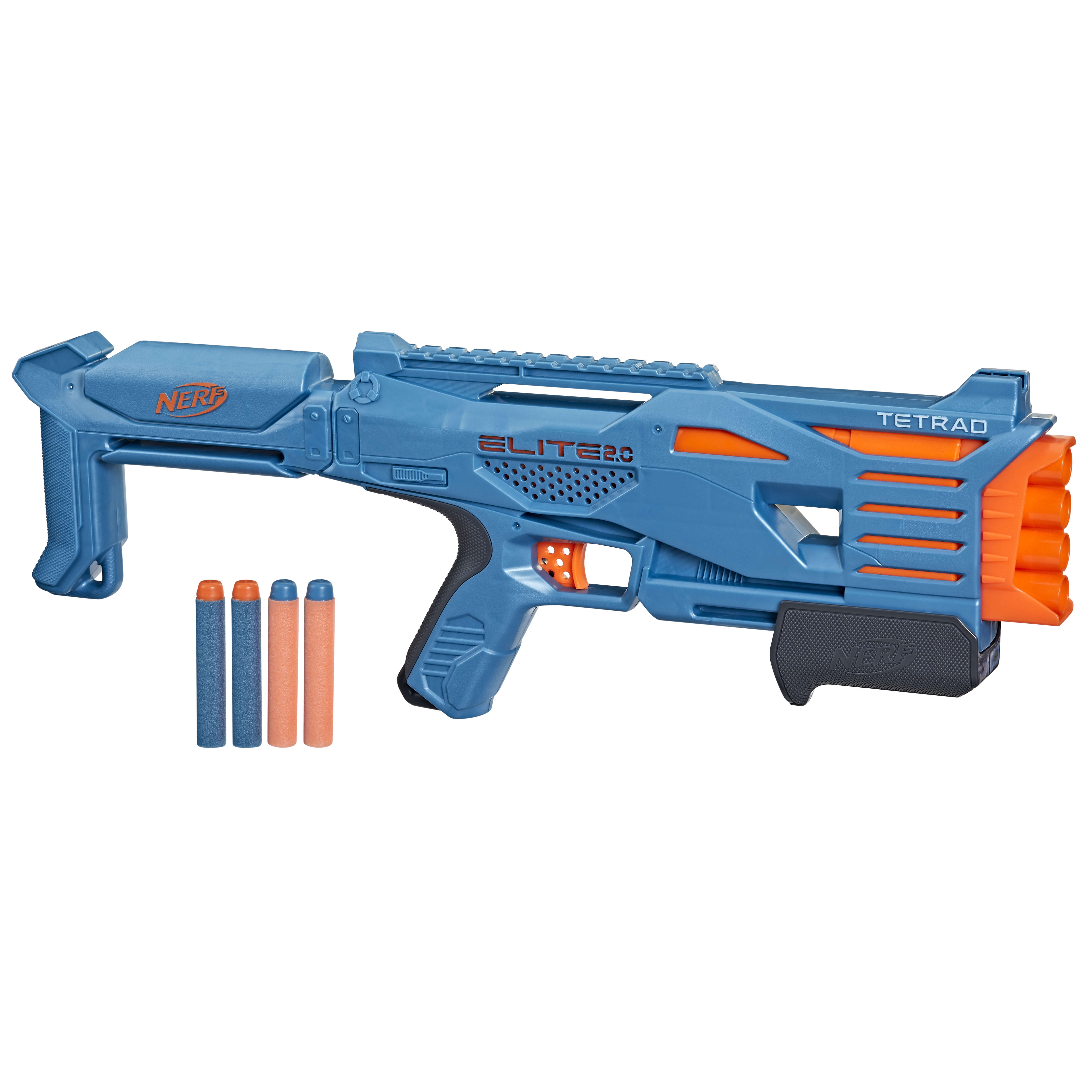 Una pistola Nerf blu con dettagli arancioni e tre dardi. La pistola ha la scritta "TETRAD" sopra.