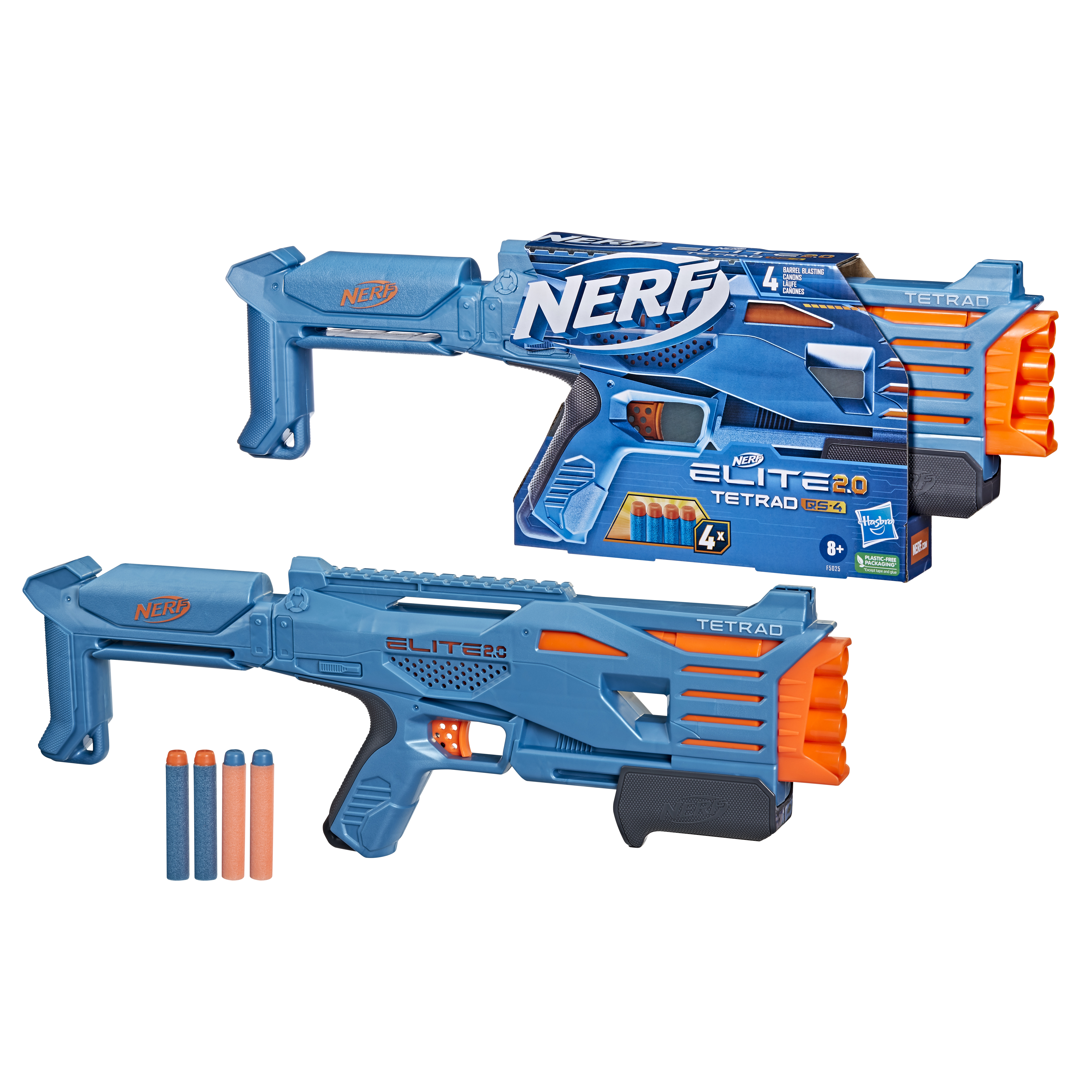 Due pistole Nerf blu con dettagli arancioni, una nella confezione e quattro dardi. Le pistole sono etichettate TETRAD ed ELITE 2.0.