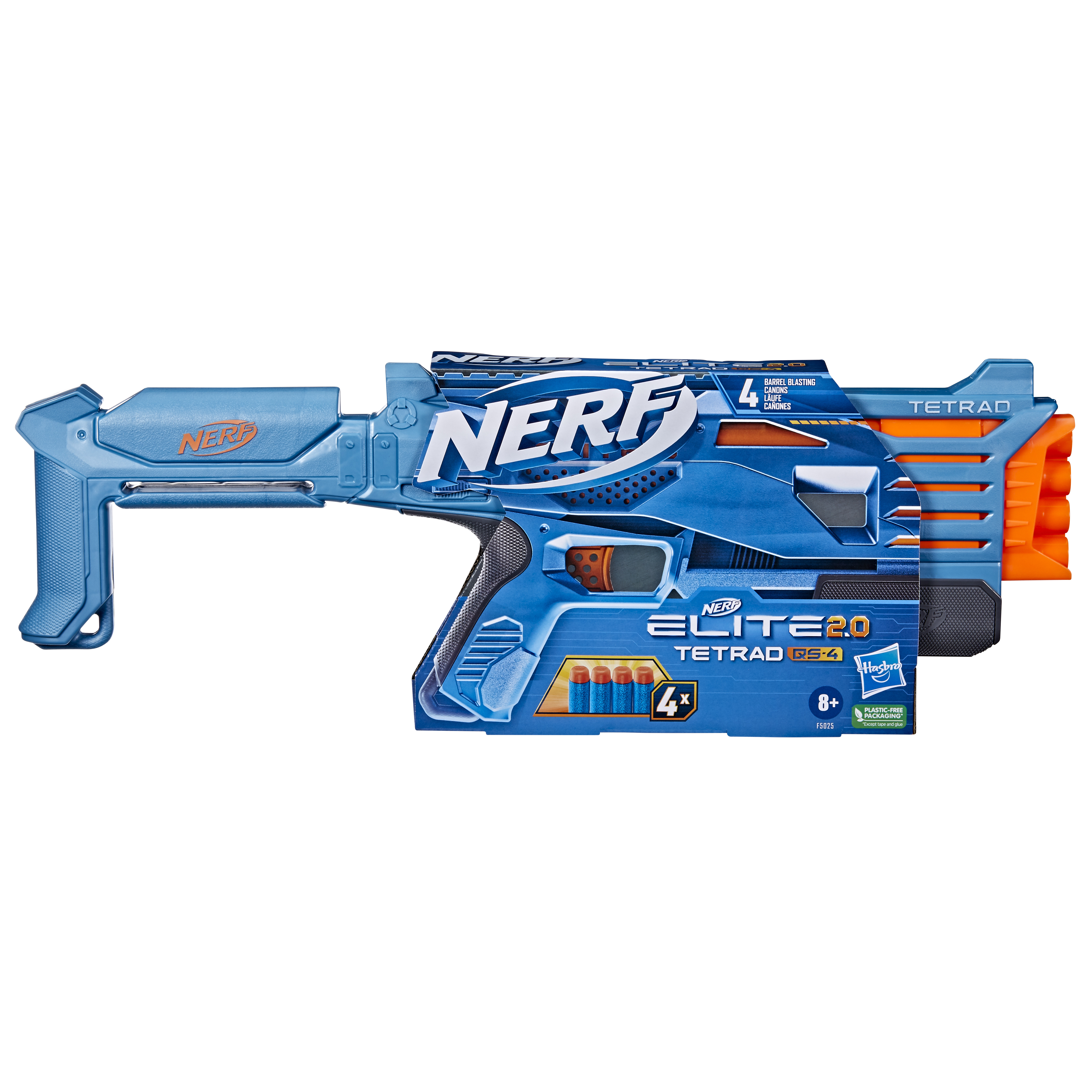 Pistola Nerf blu e arancione. La pistola ha la scritta NERF in bianco su un corpo blu. Include 4 dardi.