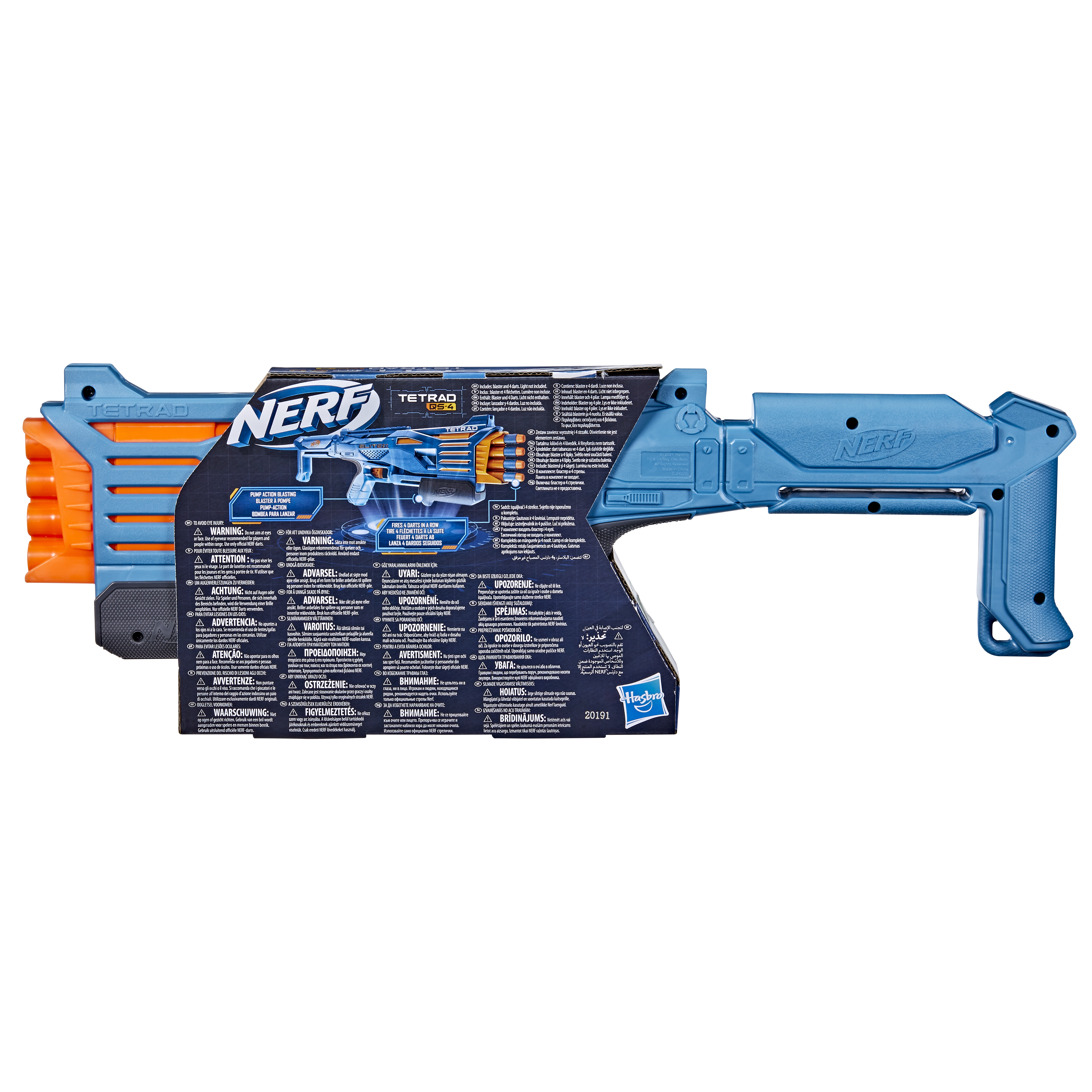 Blaster Nerf Tetrad, blu e arancione, con confezione e avvertenze.