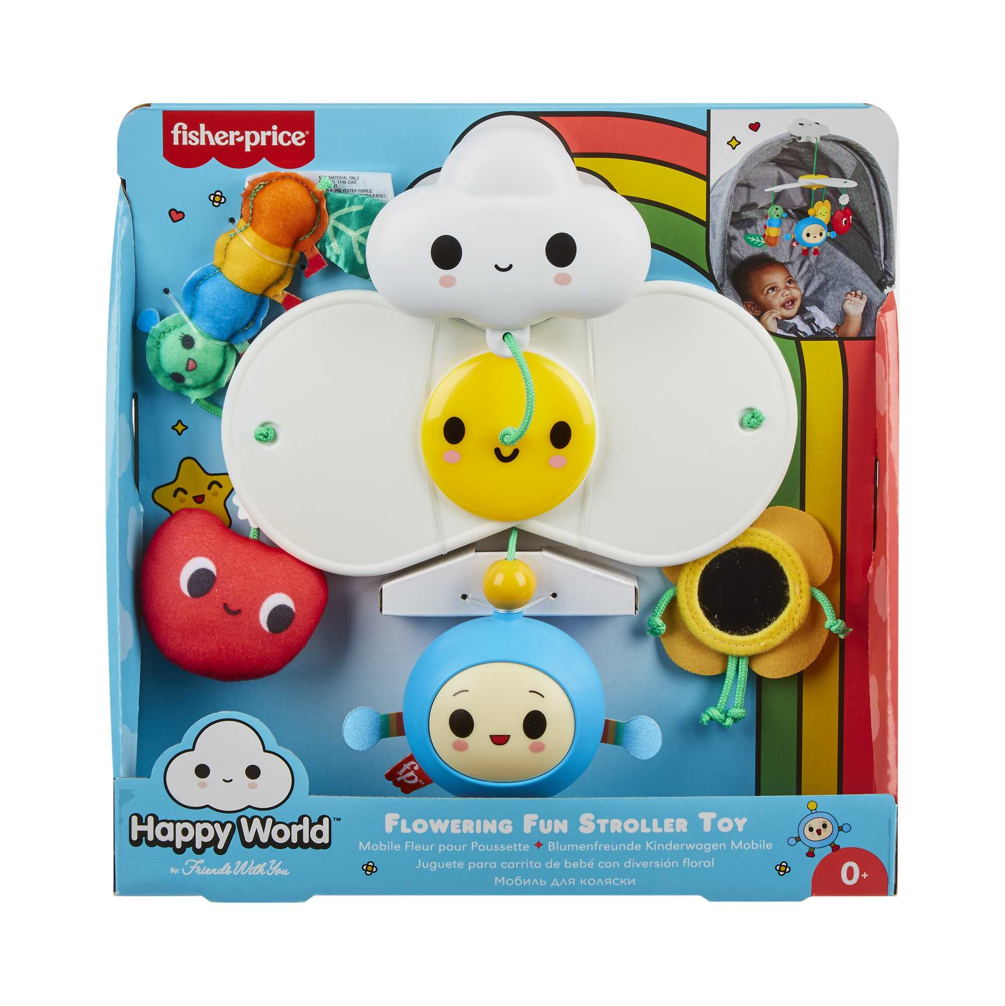 Un juguete para cochecito Flowering Fun de Fisher-Price. Tiene juguetes colgantes coloridos y un bebé en un cochecito.