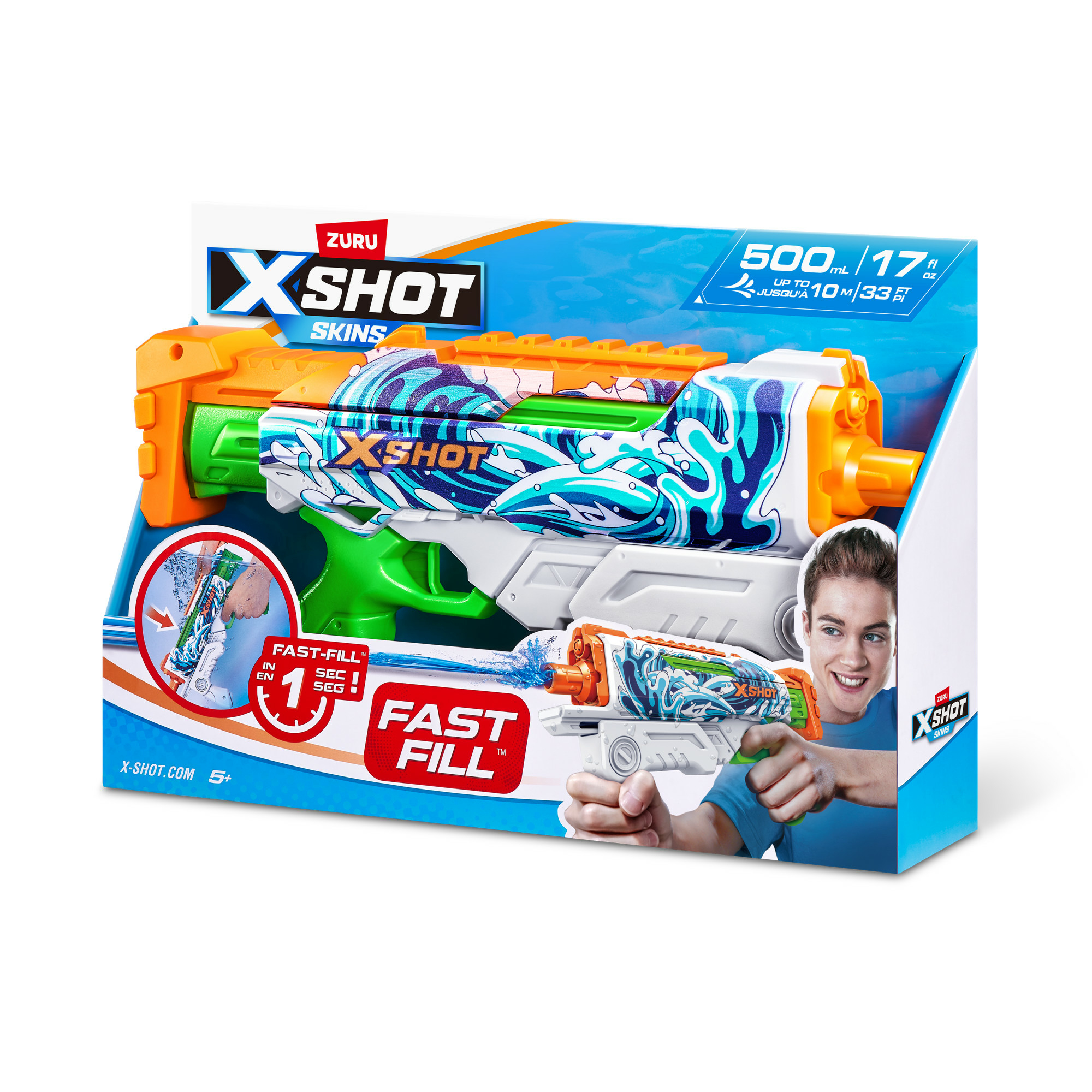 XSHOT-Wasserpistolen-Verpackung. Die Box zeigt die Pistole, einen Jungen, der sie zielt, und Details wie schnelles Befüllen.