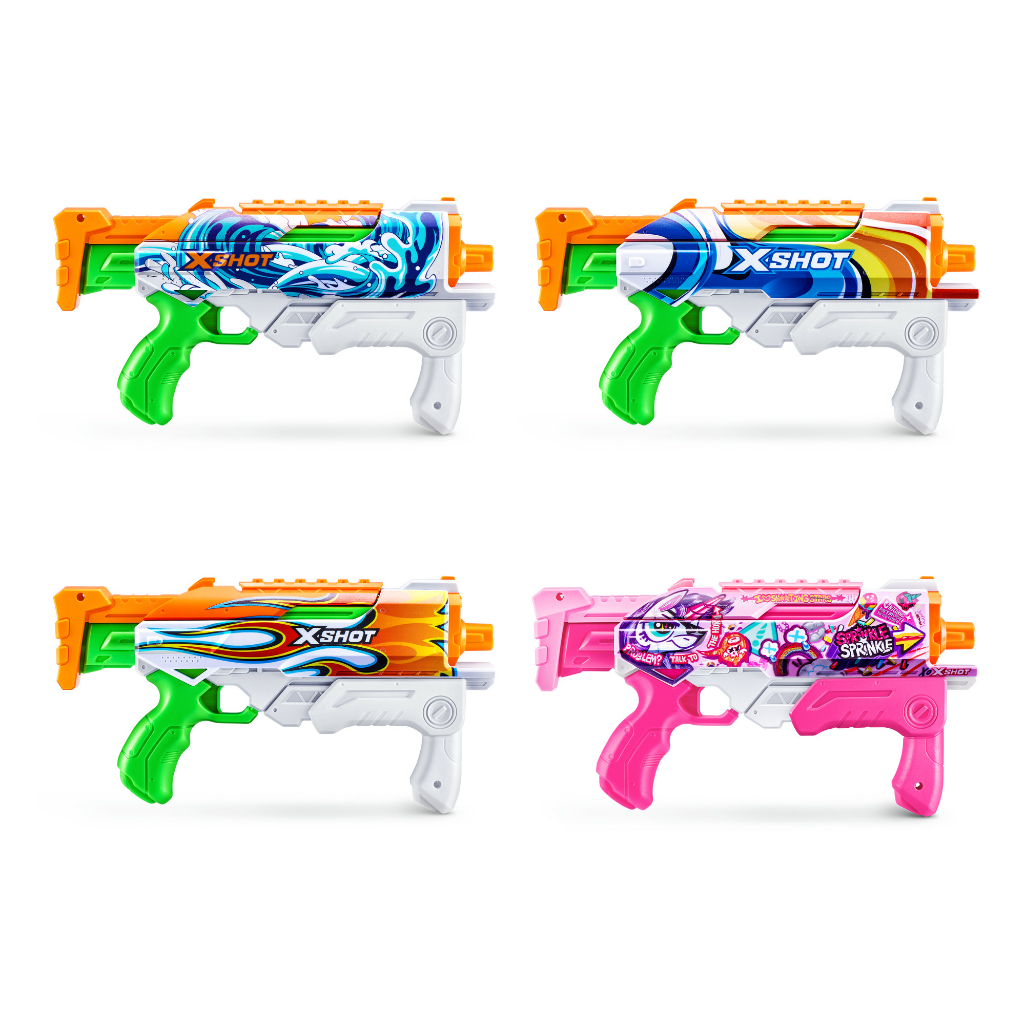 Vier X-Shot-Spielzeugpistolen mit einzigartigen Designs. Sie haben orange, grüne, weiße und rosa Teile mit bunten Grafiken und dem X-Shot-Logo.