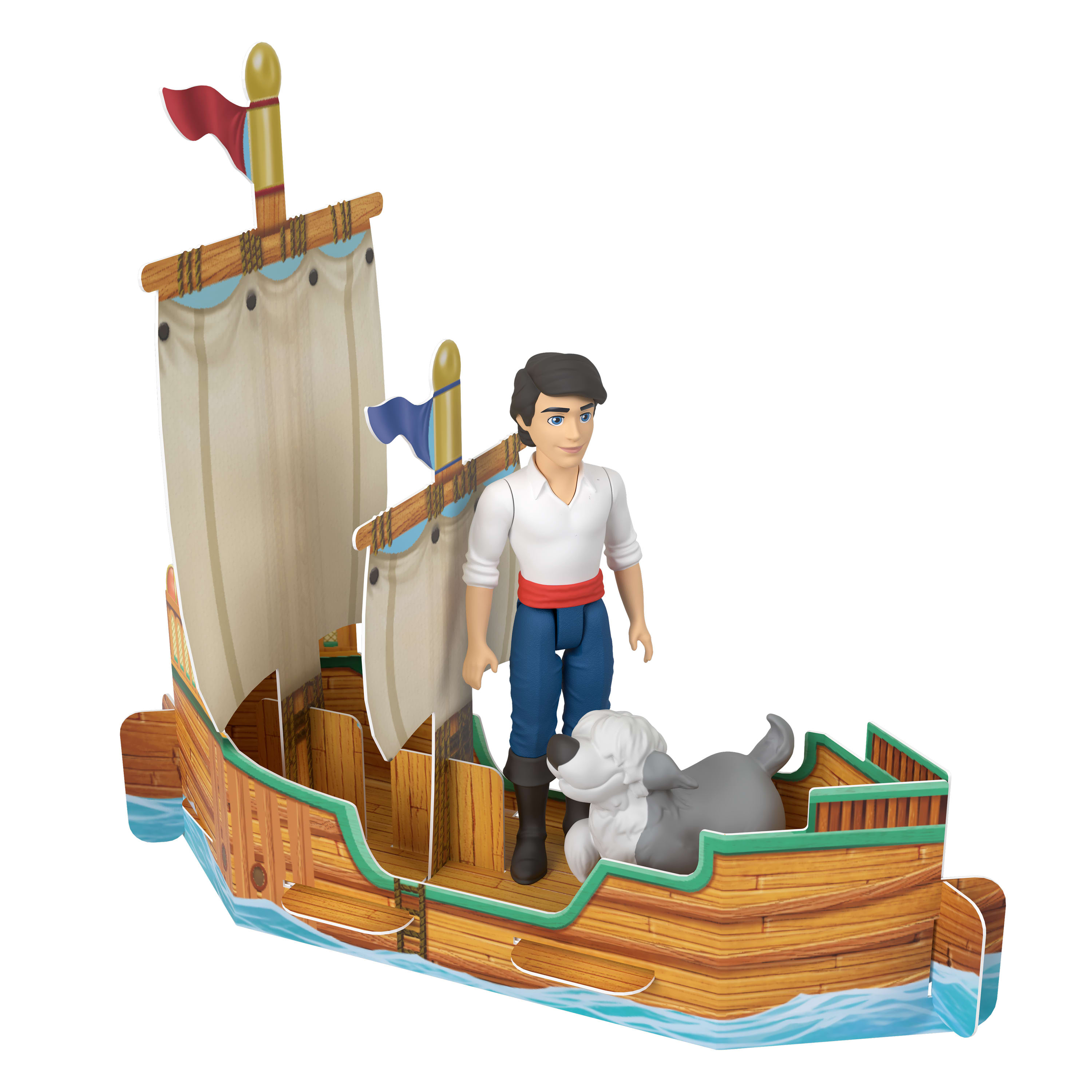 Un barco de juguete con un hombre y un perro. El barco es marrón, el hombre lleva camisa blanca y pantalón azul, el perro es gris.