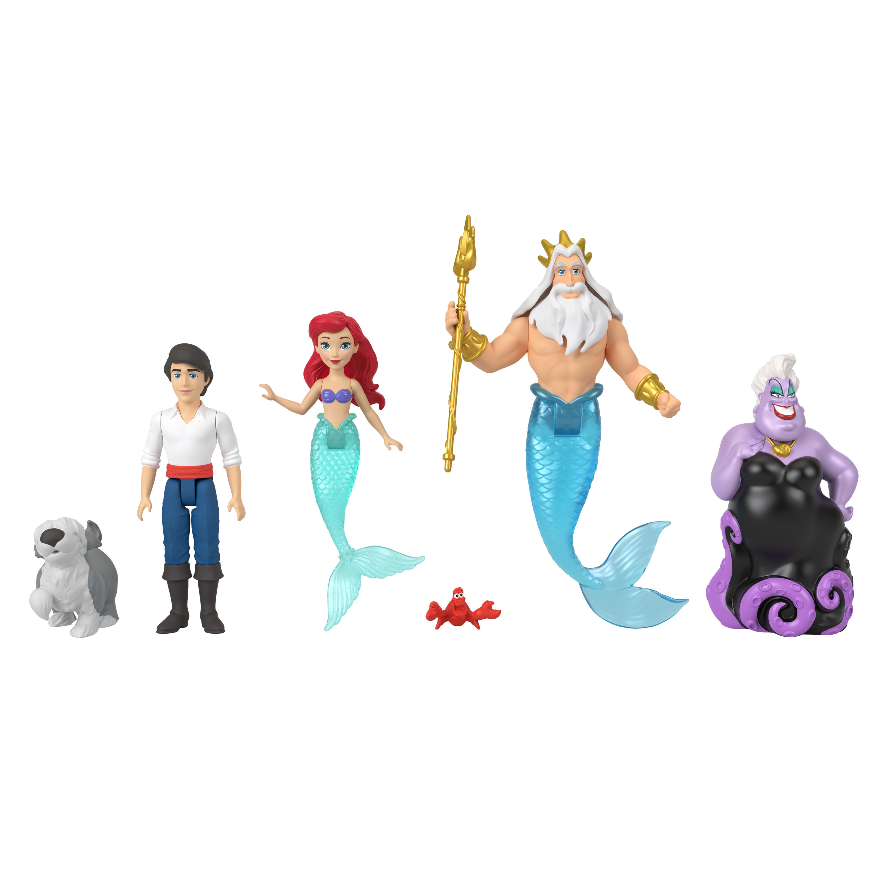 Figuras de Ariel, Príncipe Eric, Flounder, Rey Tritón, Sebastián y Úrsula sobre fondo blanco.