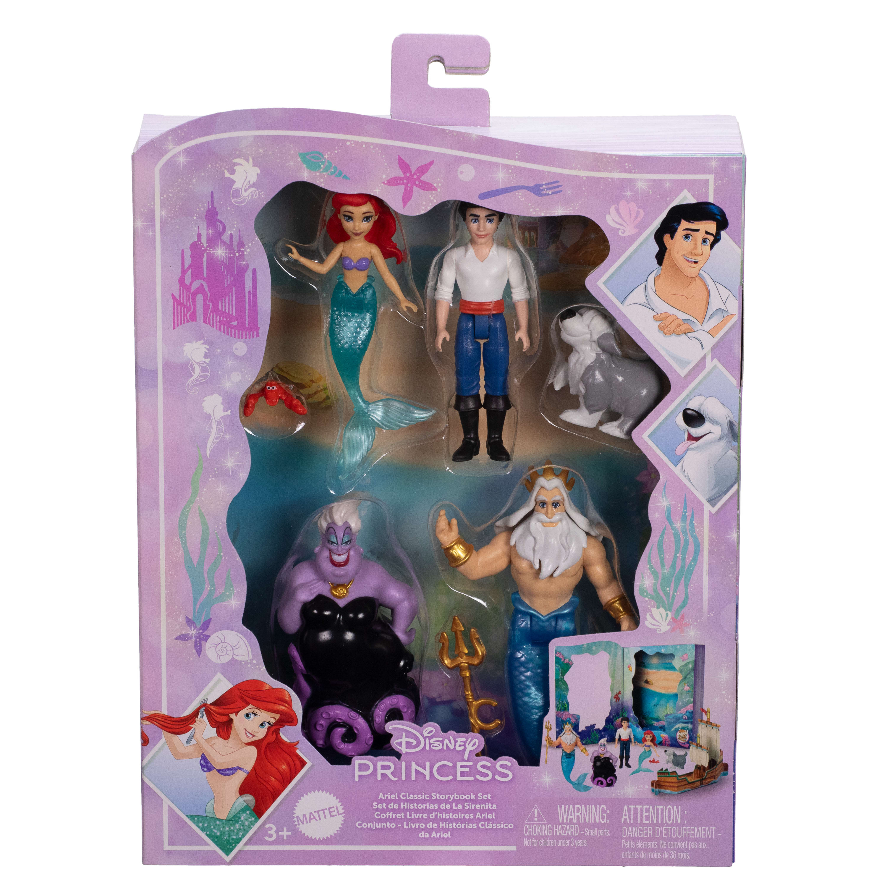 Un juego de juguetes de La Sirenita de Disney, con Ariel, Eric, Ursula, Tritón y otros personajes.