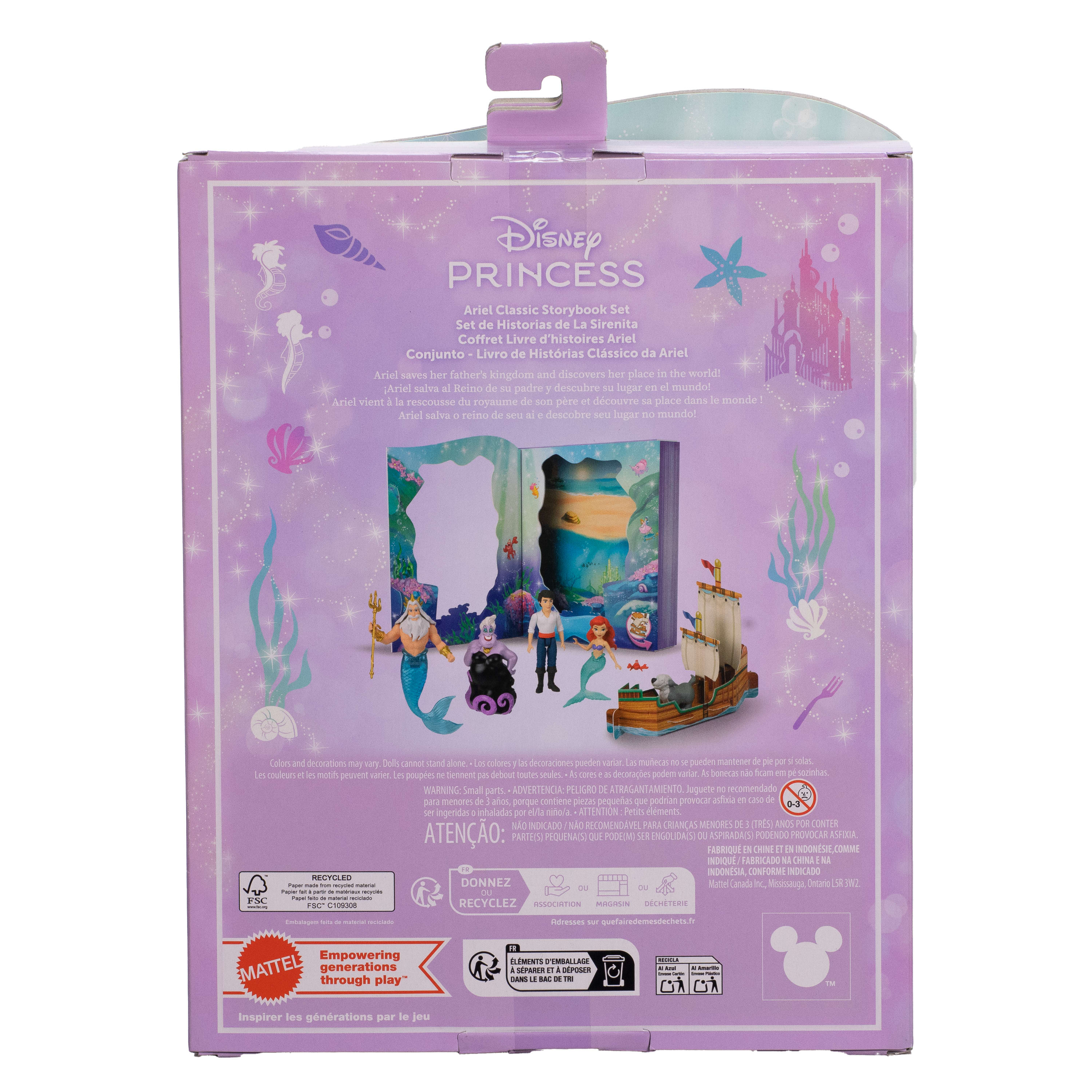 Un set de caja de Disney Princess, con Ariel y otros personajes, con un diseño similar a un libro e ilustraciones.
