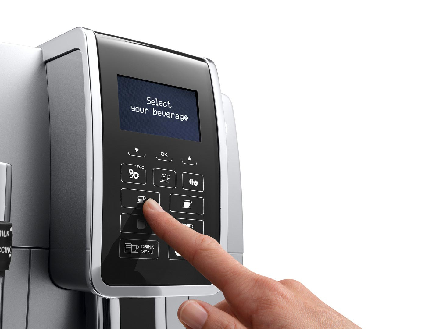 Ręka dotyka ekranu ekspresu do kawy. Na ekranie napis 'Wybierz swój napój'. Widoczne są przyciski.