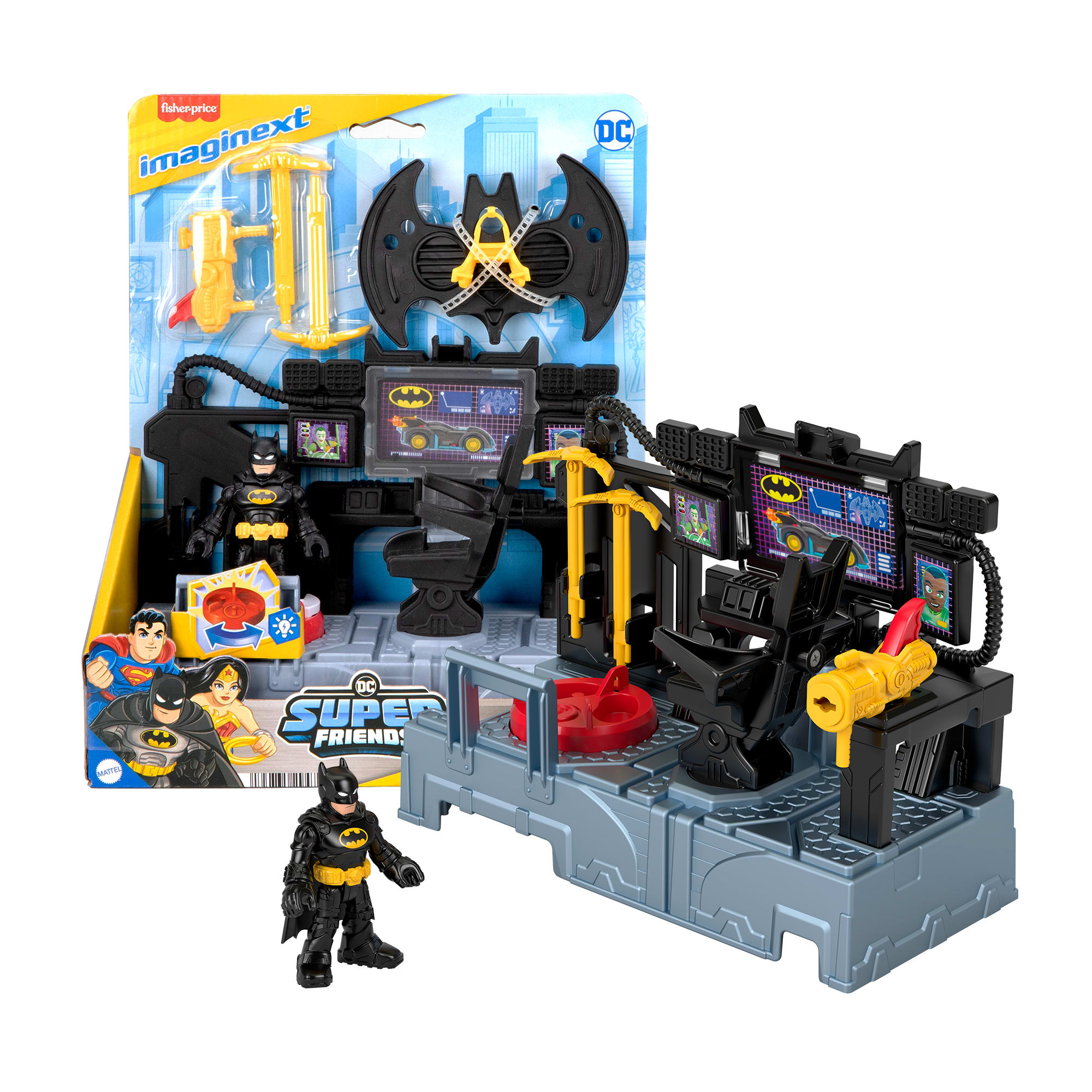 Zestaw do zabawy Batman Imaginext z figurką Batmana, centrum kontroli w kształcie nietoperza i ekranami.