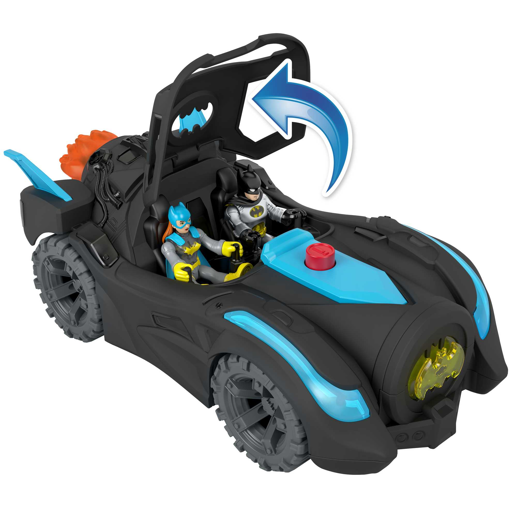 Batimóvil de juguete con figuras de Batman y Batgirl. Coche negro con detalles azules y naranjas. Flecha indica apertura superior.
