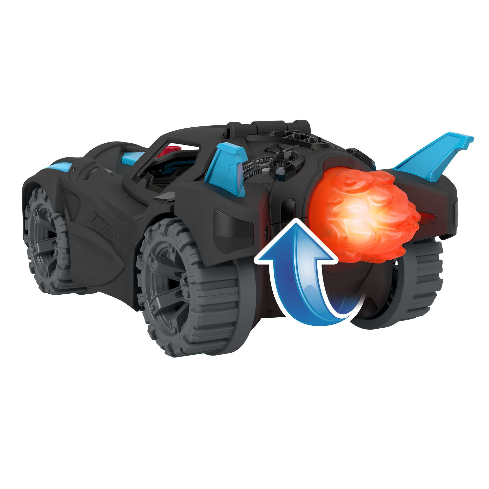 Coche de juguete negro con detalles azules y efecto de llama naranja. Una flecha azul apunta a la llama.