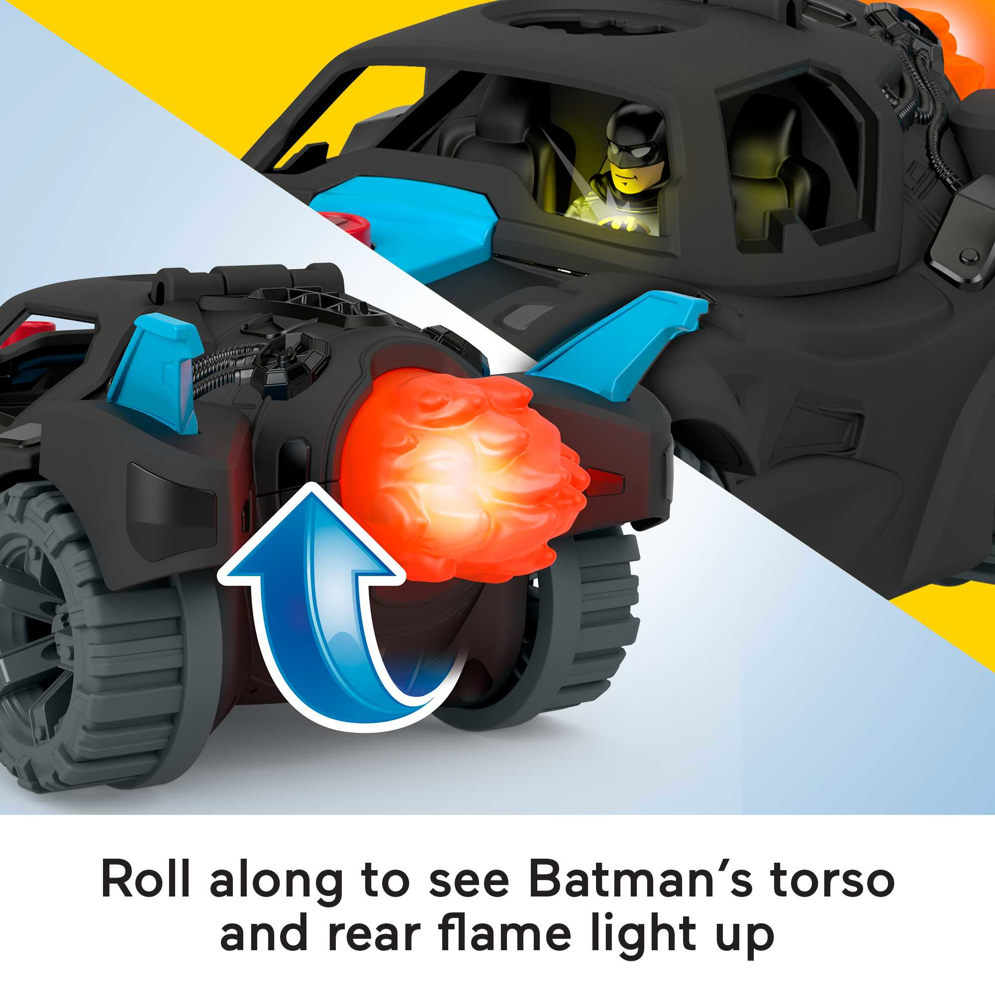 Un coche de juguete negro con detalles azules y figura de Batman dentro. Efecto de llama naranja en la parte trasera. Flecha indica rodar.