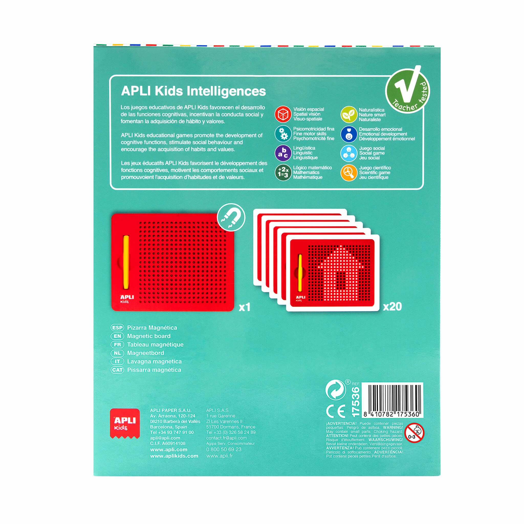 Eine rote Magnettafel mit gelbem Stift und Stapel roter Karten. Die Box sagt APLI Kids Intelligences.