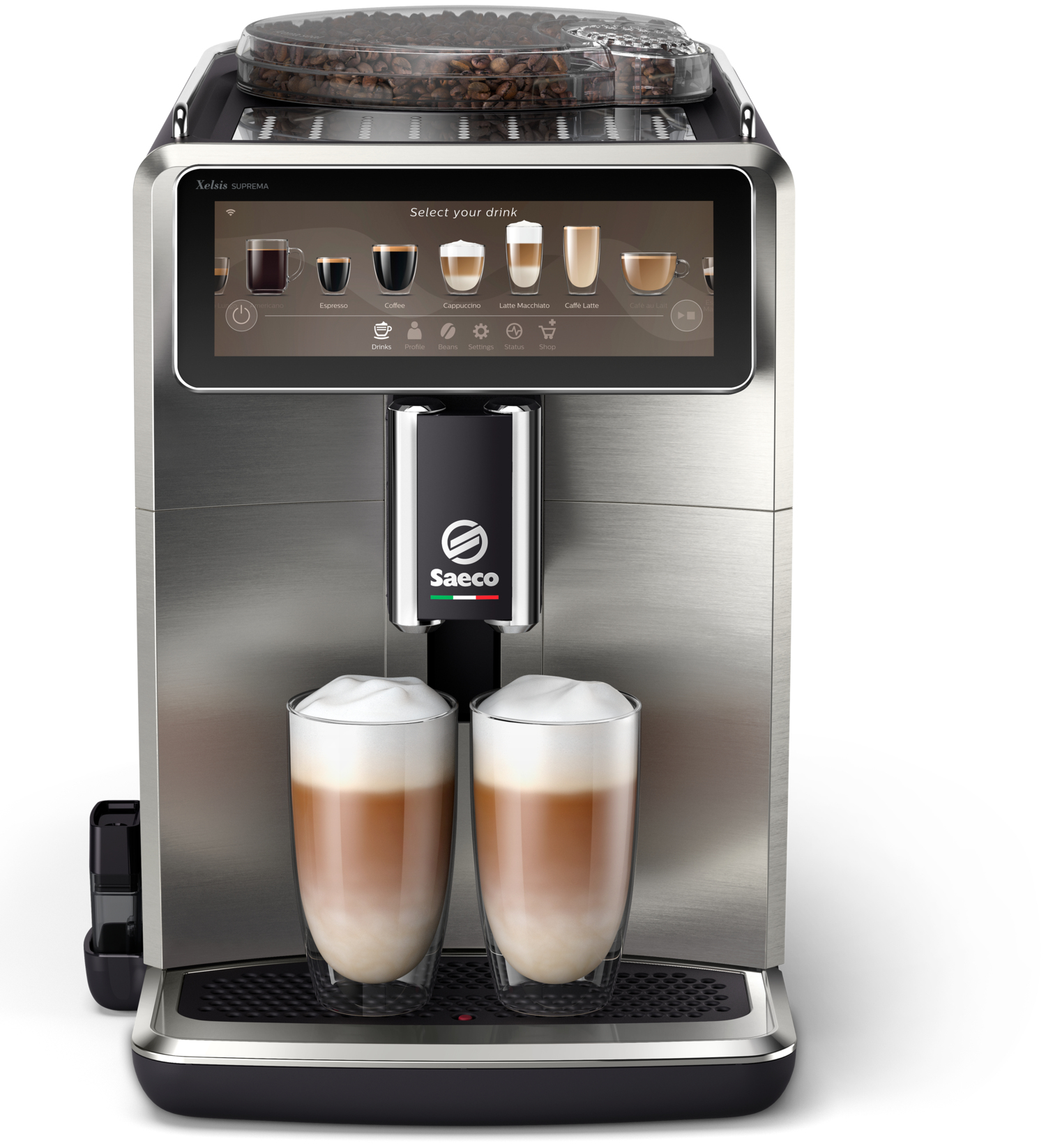 Srebrny ekspres do kawy Saeco z ekranem dotykowym i dwiema szklankami latte macchiato. Ziarna kawy są widoczne na górze.