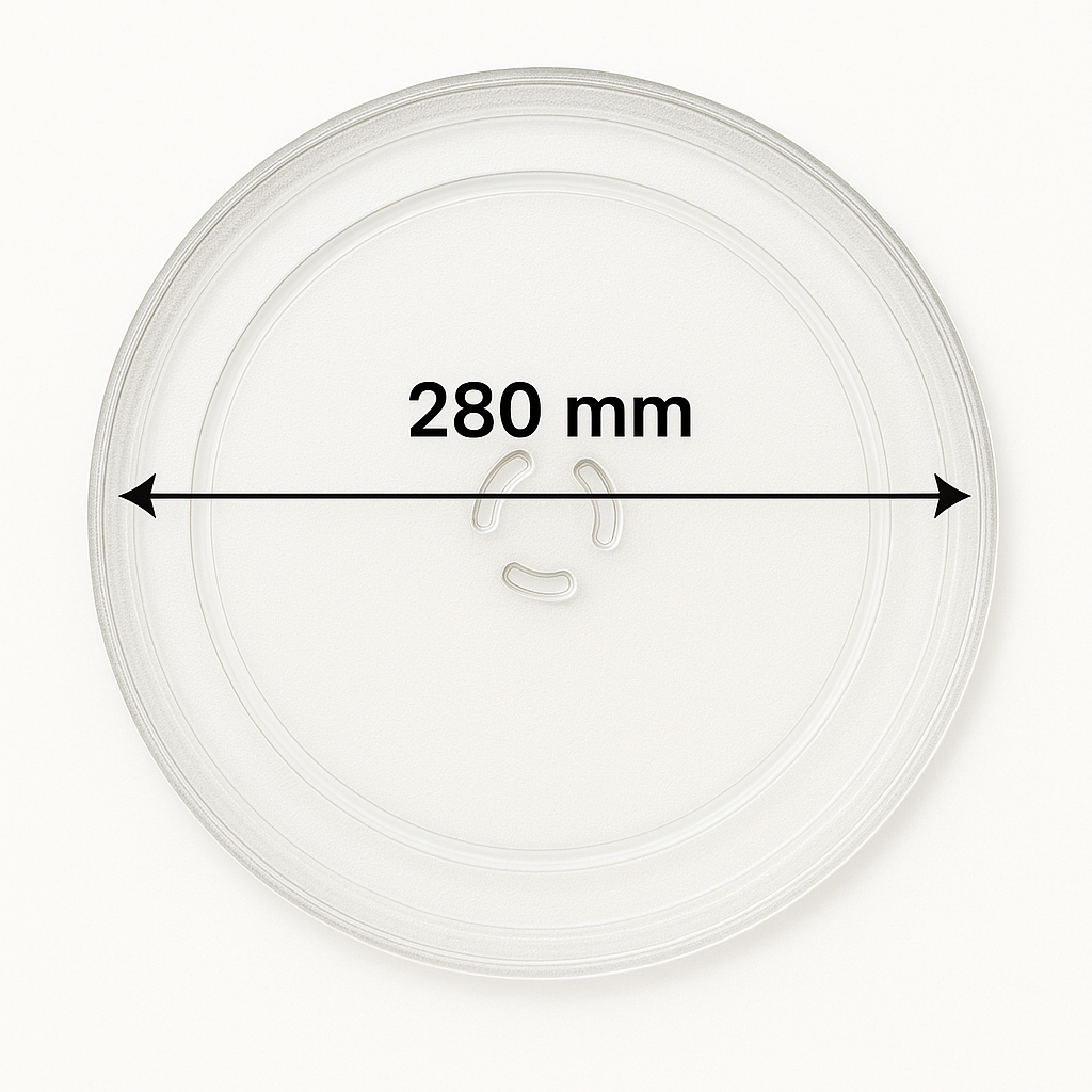 Un plato circular transparente con un diámetro de 280 mm. El plato tiene crestas y un patrón de tres agujeros en el centro. El fondo es blanco.