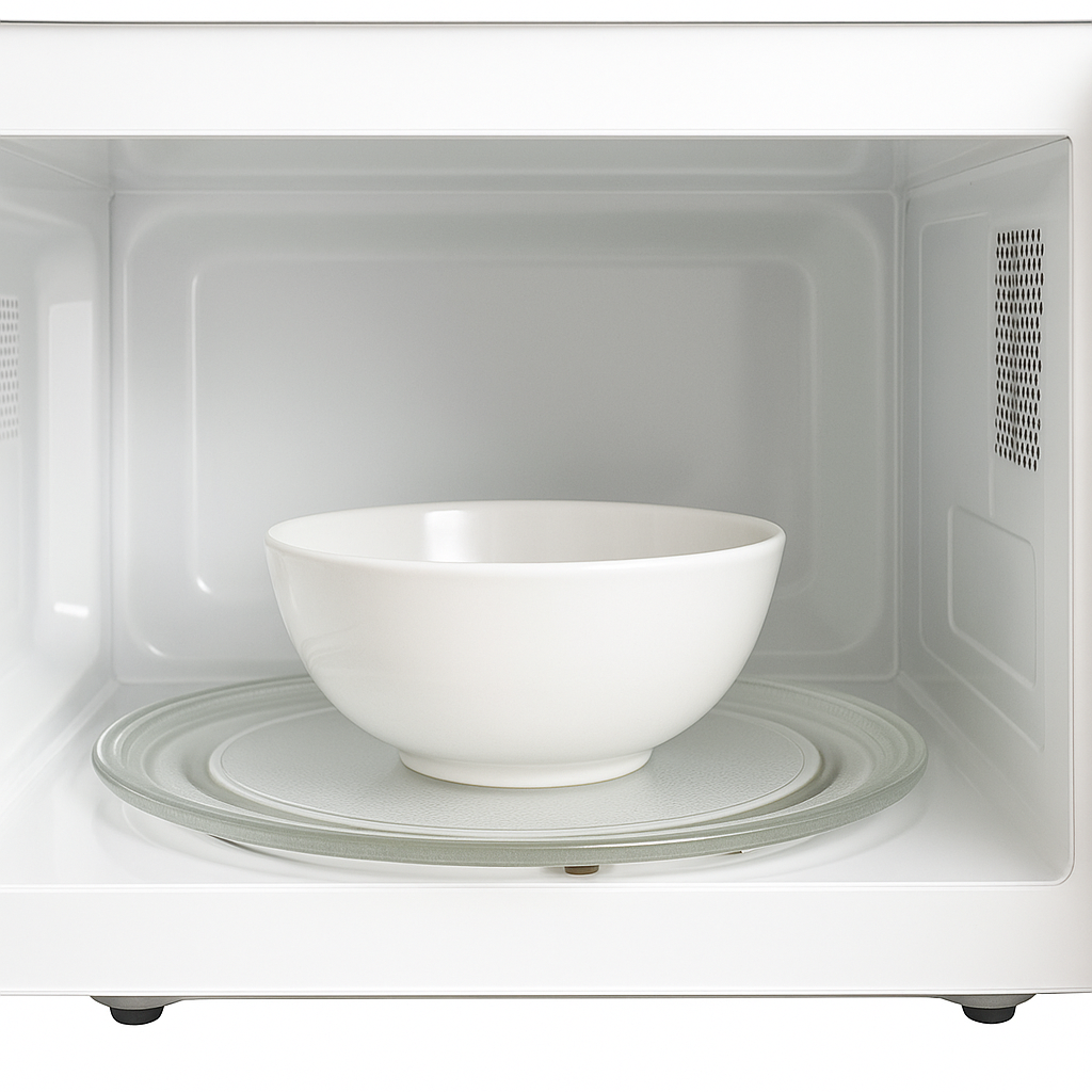 Un cuenco blanco sobre un plato de vidrio dentro de un microondas blanco. El microondas está abierto.
