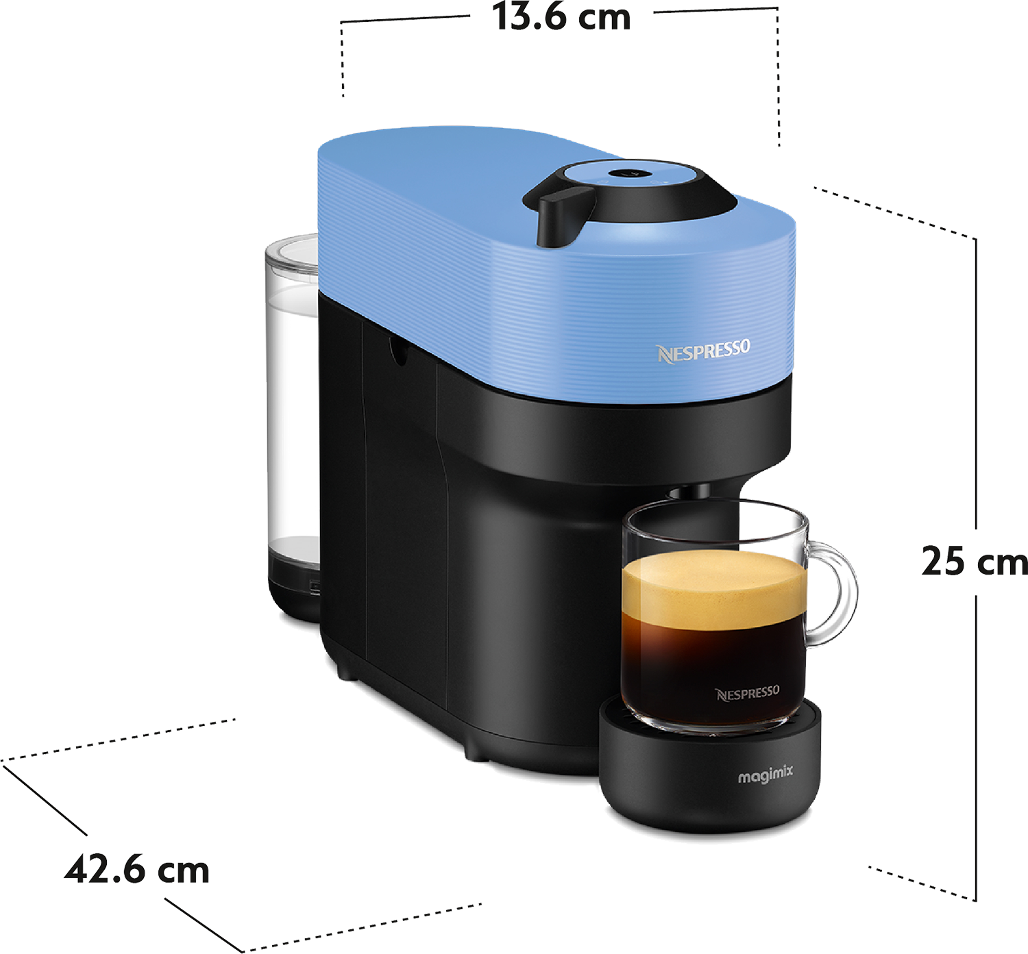 Ekspres do kawy Nespresso, czarny i niebieski, ze szklanką kawy na czarnej podstawie. Pokazano również wymiary.