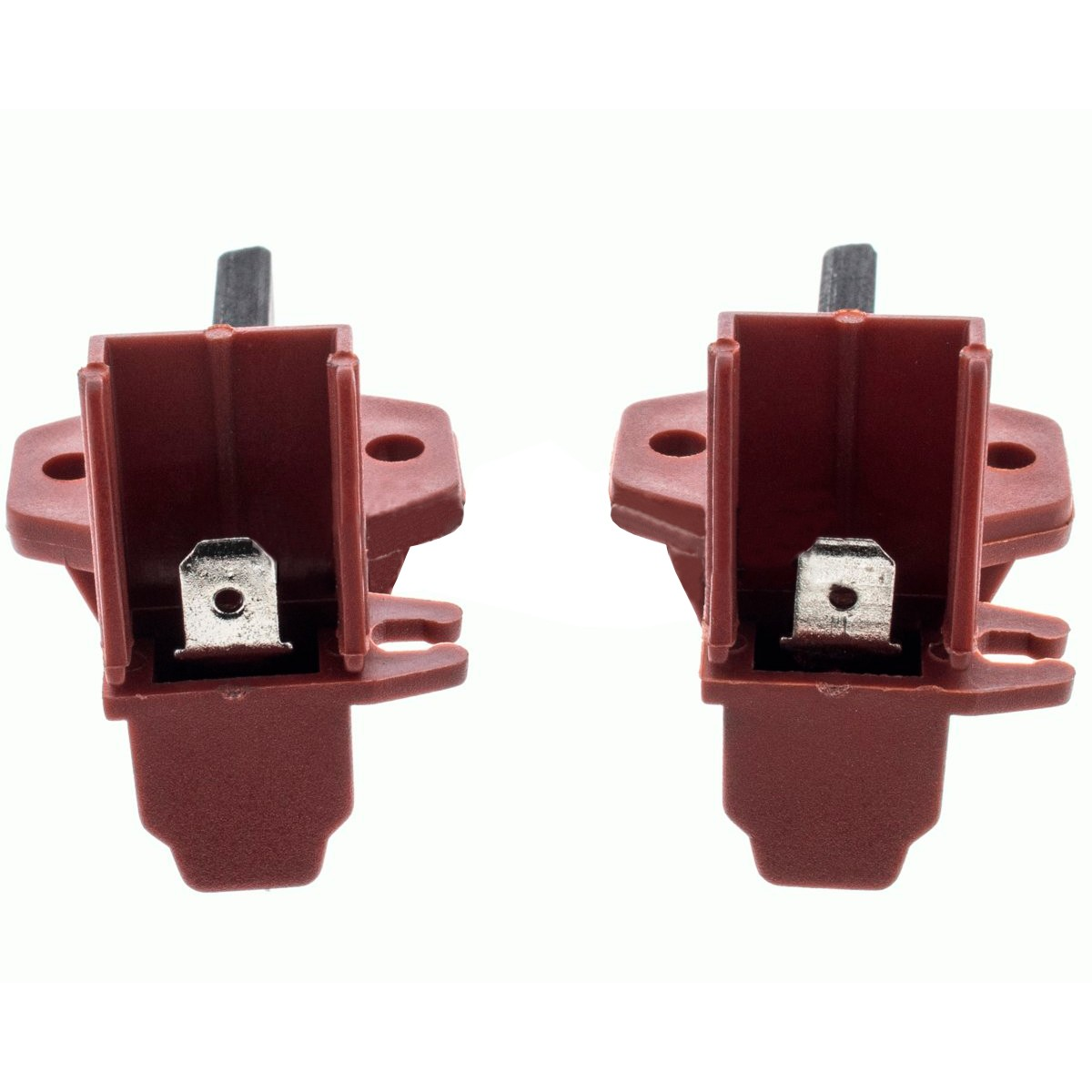 Dos conectores eléctricos granate con terminales plateados sobre fondo blanco. Cada uno tiene una pestaña negra en la parte superior.