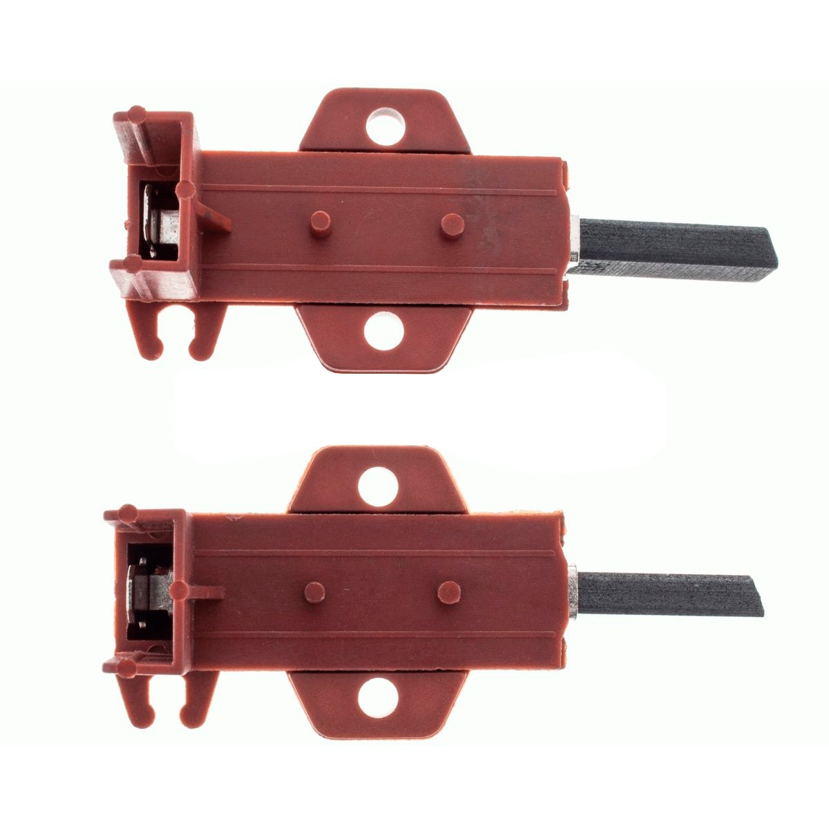Dos piezas de máquina de color marrón rojizo. Cada una tiene un cuerpo rectangular con agujeros, un componente metálico y una extensión negra rectangular.
