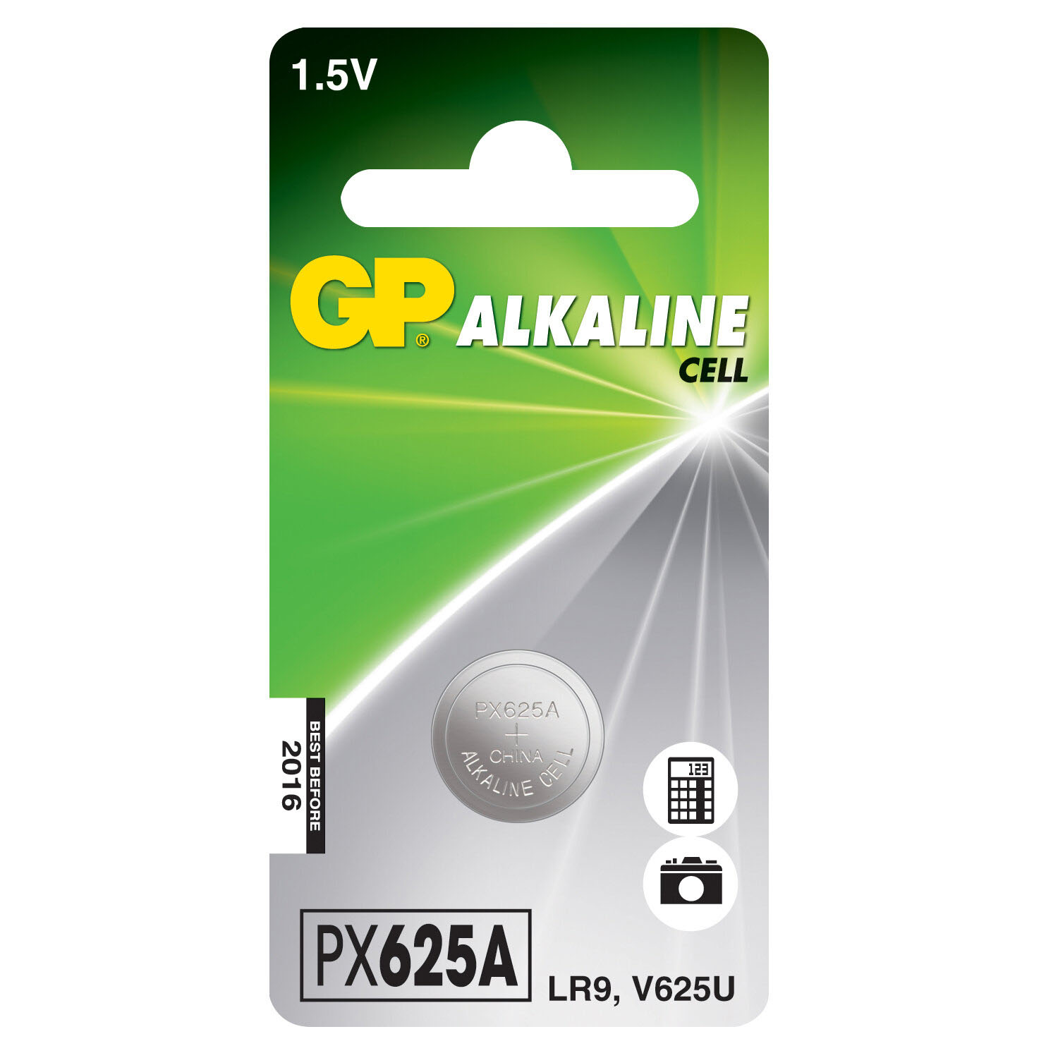 Una confezione di batterie GP Alkaline PX625A. Presenta una batteria, una calcolatrice e un'icona della fotocamera. Il testo include 'Alkaline Cell' e 'Da consumarsi preferibilmente entro il 2016'.