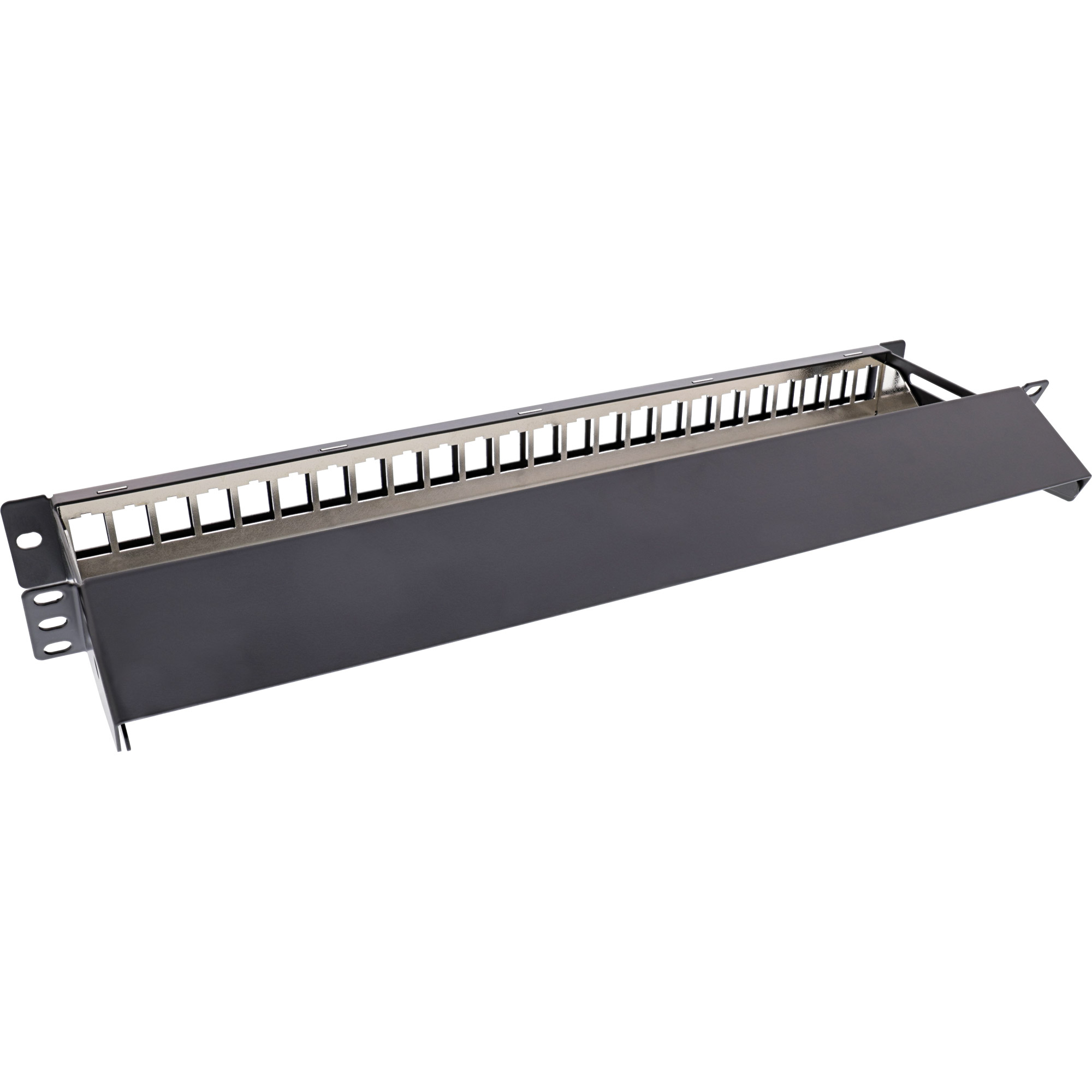 Un pannello di permutazione di rete nero con più porte, su sfondo bianco. Ha un coperchio incernierato e fori di montaggio.