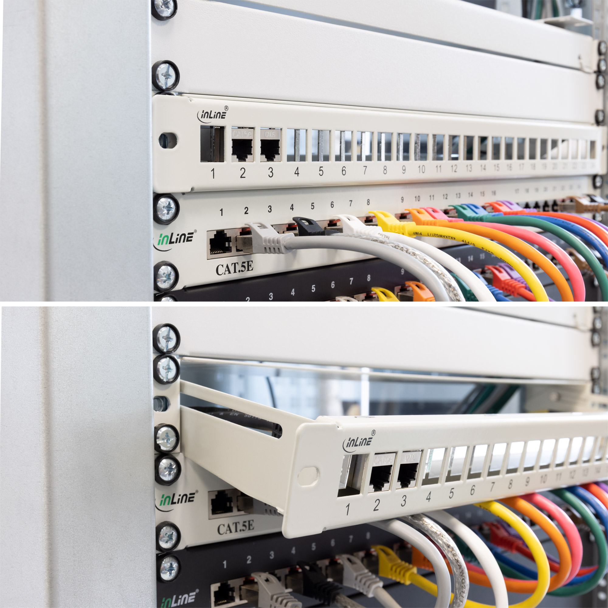 Rack server di rete con pannelli patch e cavi colorati. Pannelli bianchi numerati e porte. Cavi collegati.
