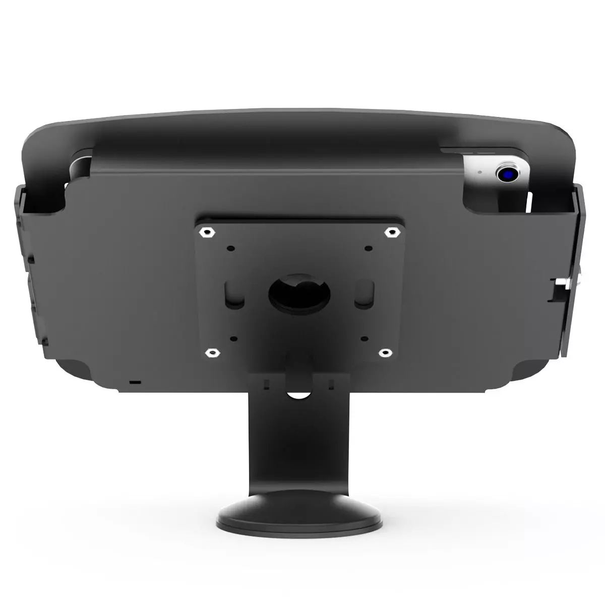 Czarny stojak na tablet. Ma podstawę, pionowe podparcie i kołyskę. Kołyska ma otwór na kamerę.