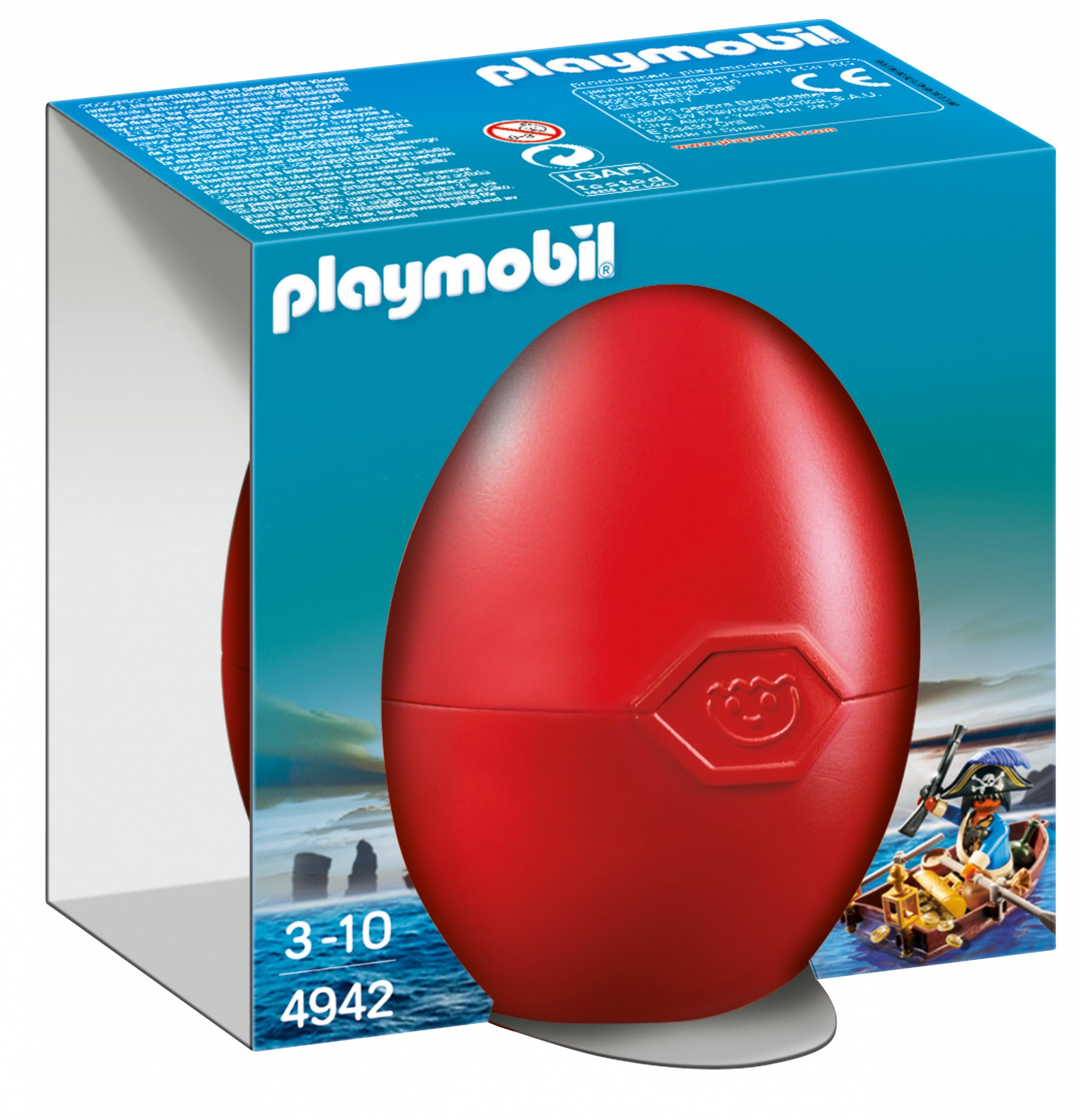 Una confezione di giocattoli Playmobil a forma di uovo rosso. Mostra un pirata su una barca. La confezione ha dettagli blu e bianchi.