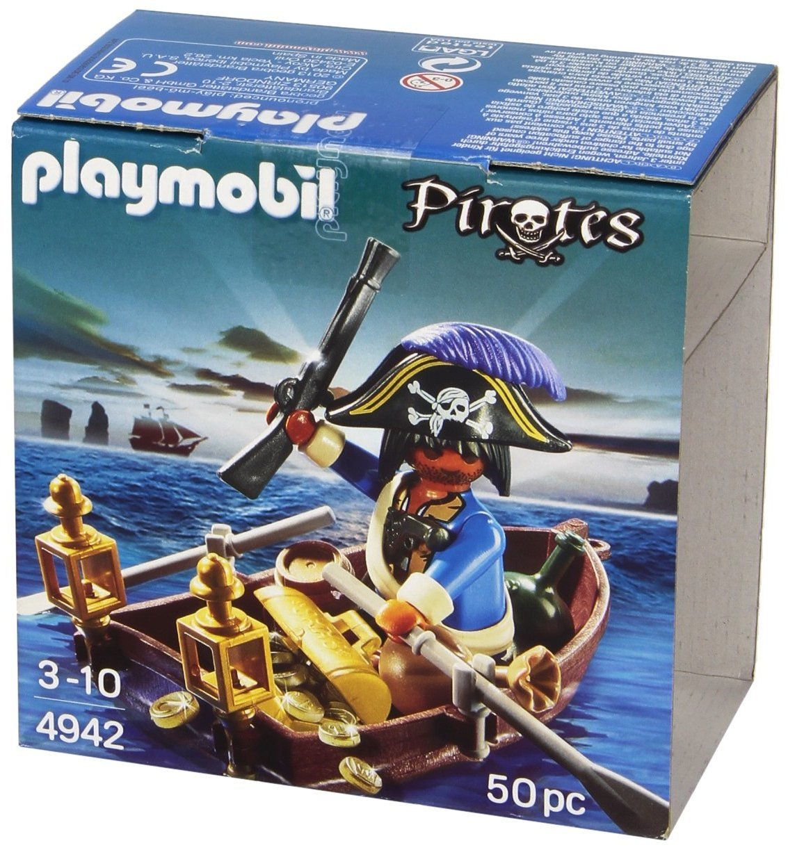 Scatola Playmobil Pirates. Un pirata giocattolo in una barca con una pistola, monete e remi. Lo sfondo mostra un mare e navi.