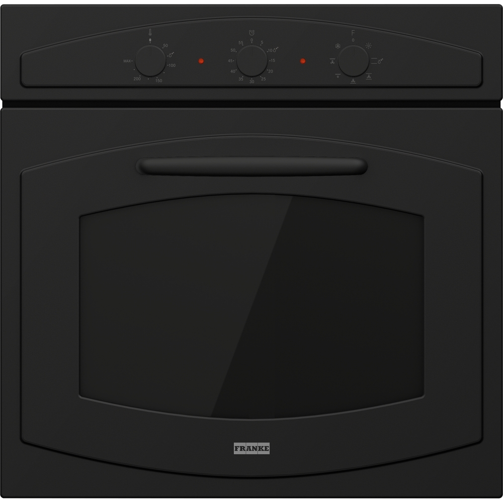 Un forno nero con manopole e porta in vetro. Il forno ha il marchio FRANKE sulla parte inferiore della porta.