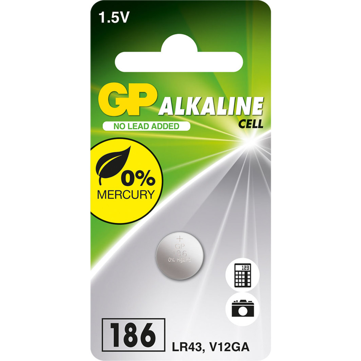 Una confezione di batterie a celle alcaline GP. Presenta la batteria, con la scritta 'GP Alkaline Cell' e le icone di una calcolatrice e di una fotocamera.