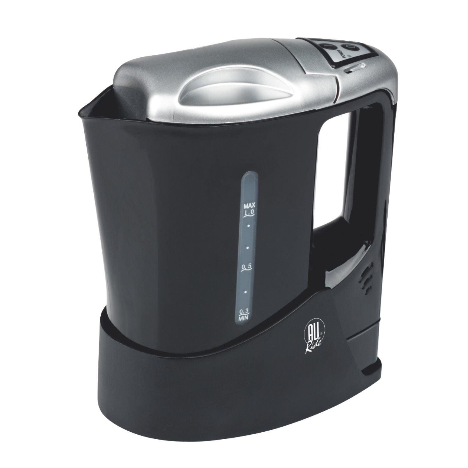Een zwarte en zilveren reisketel met handvat en waterniveau-indicatoren.