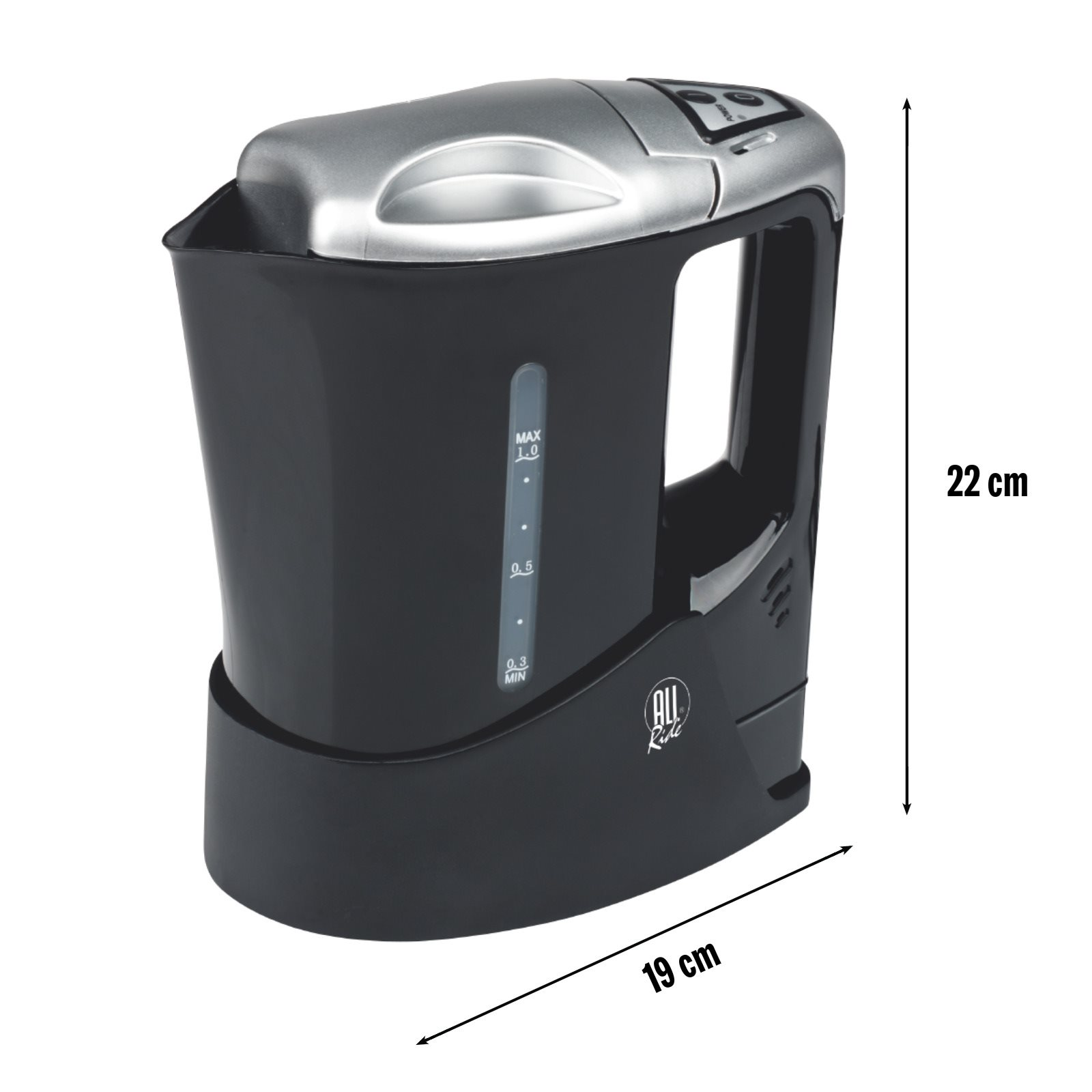 Zwarte en zilveren waterkoker. Het heeft een handvat, een waterniveau-indicator en afmetingen.
