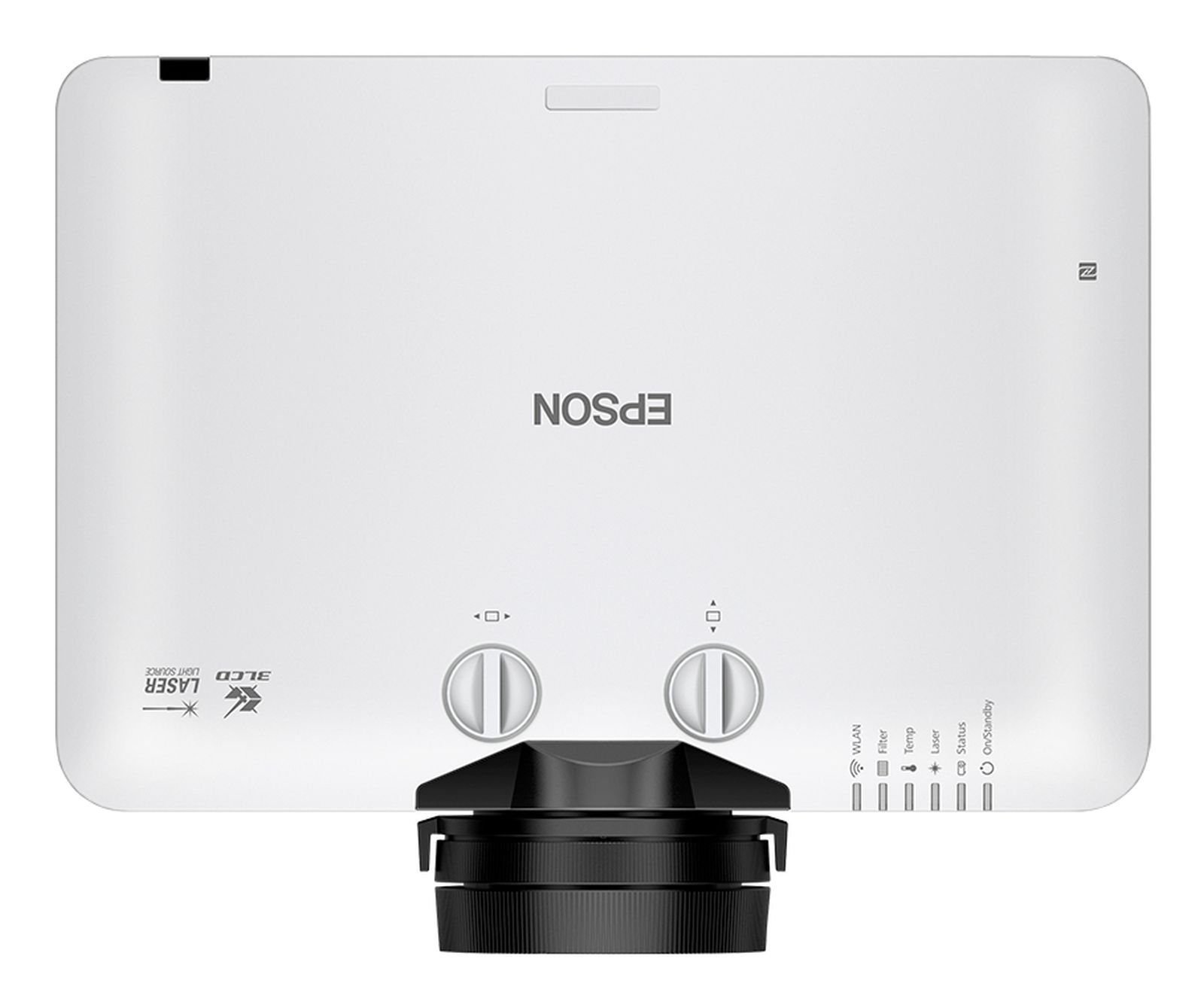 Biały projektor Epson. Ma czarny obiektyw i pokrętła sterowania. Widoczne jest logo Epson.