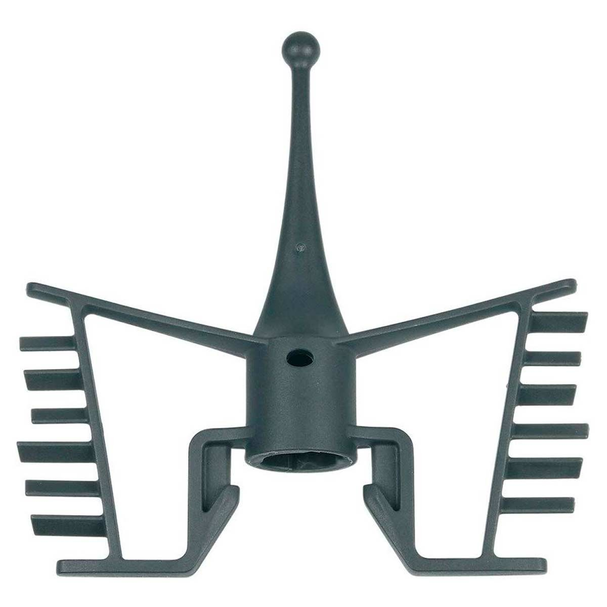 Un utensilio de cocina gris oscuro. Tiene un tallo central con una bola en la parte superior y brazos radiantes. Dos lados tienen barras verticales.