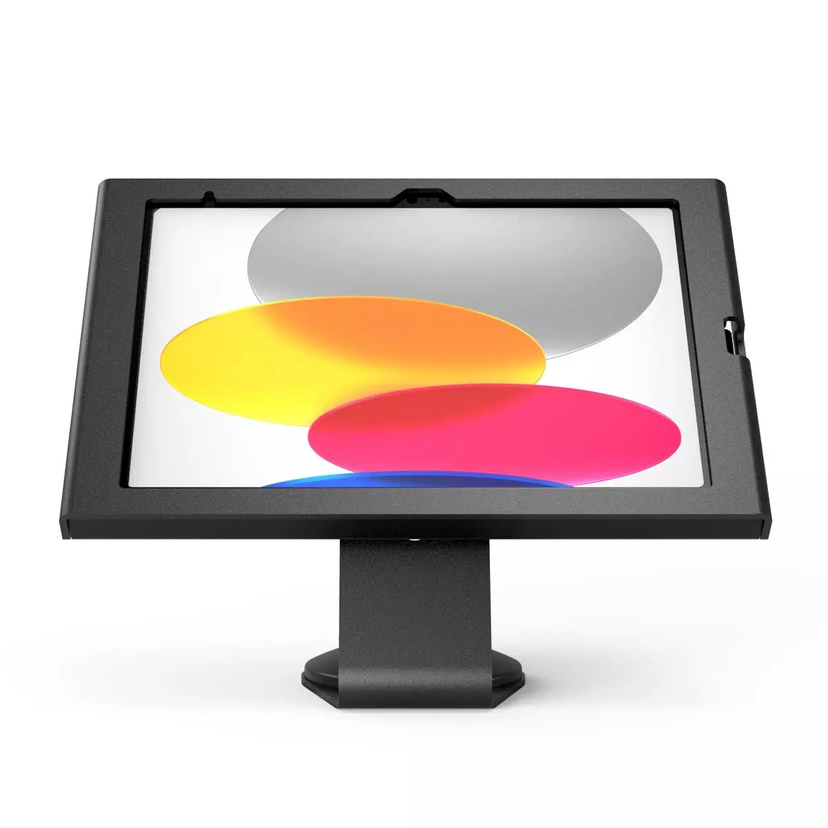 Czarny tablet w stojaku, ekran wyświetla kolorowe, zachodzące na siebie kształty. Stojak ma prostokątną podstawę i pionowe wsparcie.