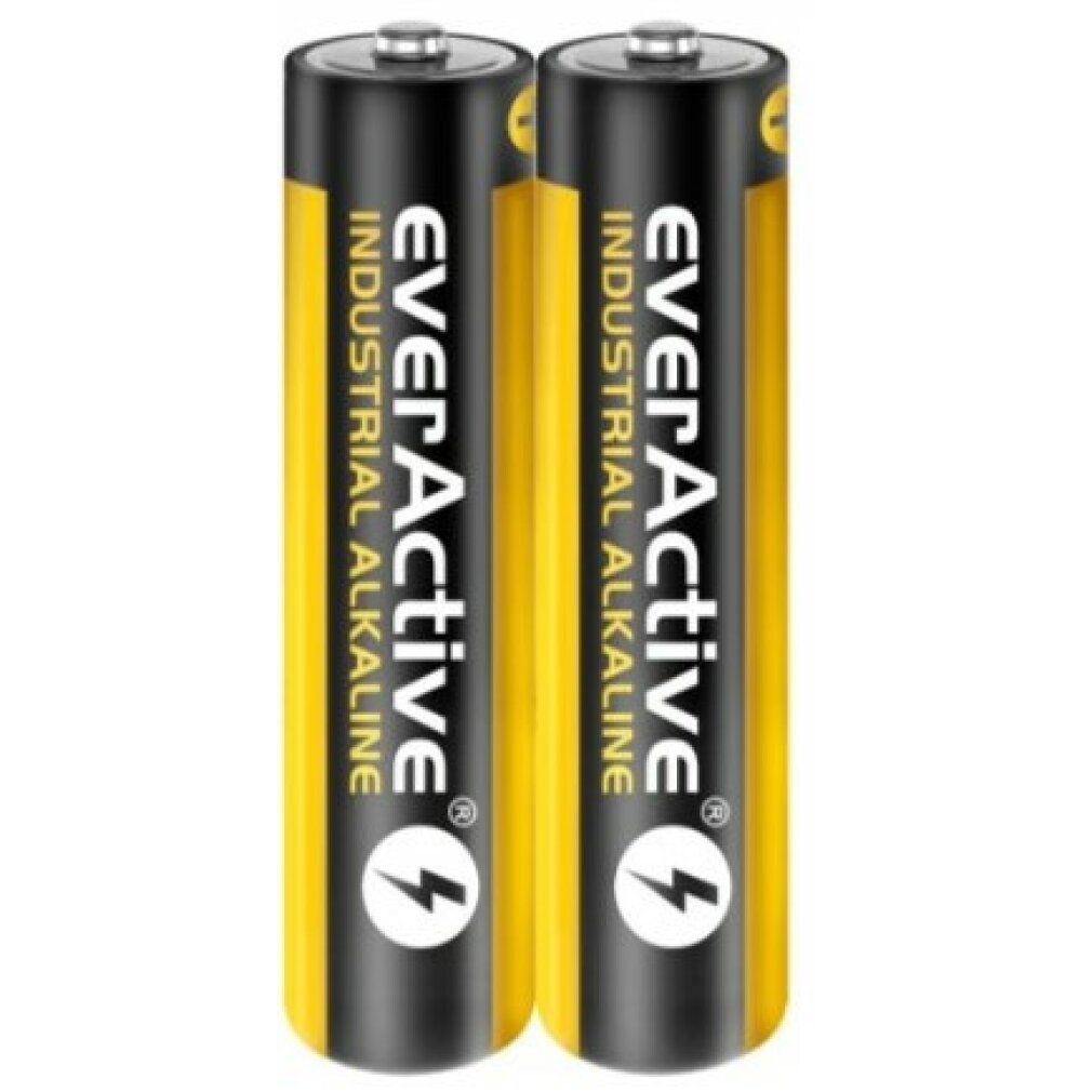 Dwie baterie AA EverActive Industrial Alkaline. Żółte i czarne z białym tekstem i symbolem błyskawicy.