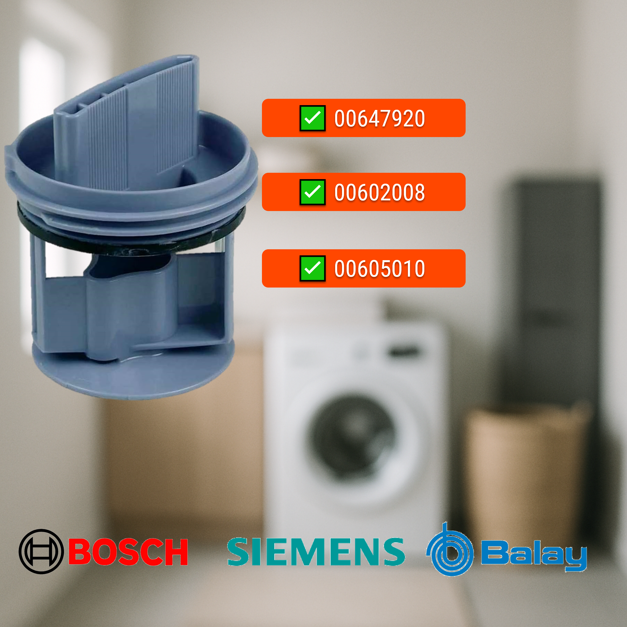 Un filtro azul de lavadora con marcas de verificación en etiquetas naranjas. Marcas: Bosch, Siemens, Balay y una lavadora borrosa.