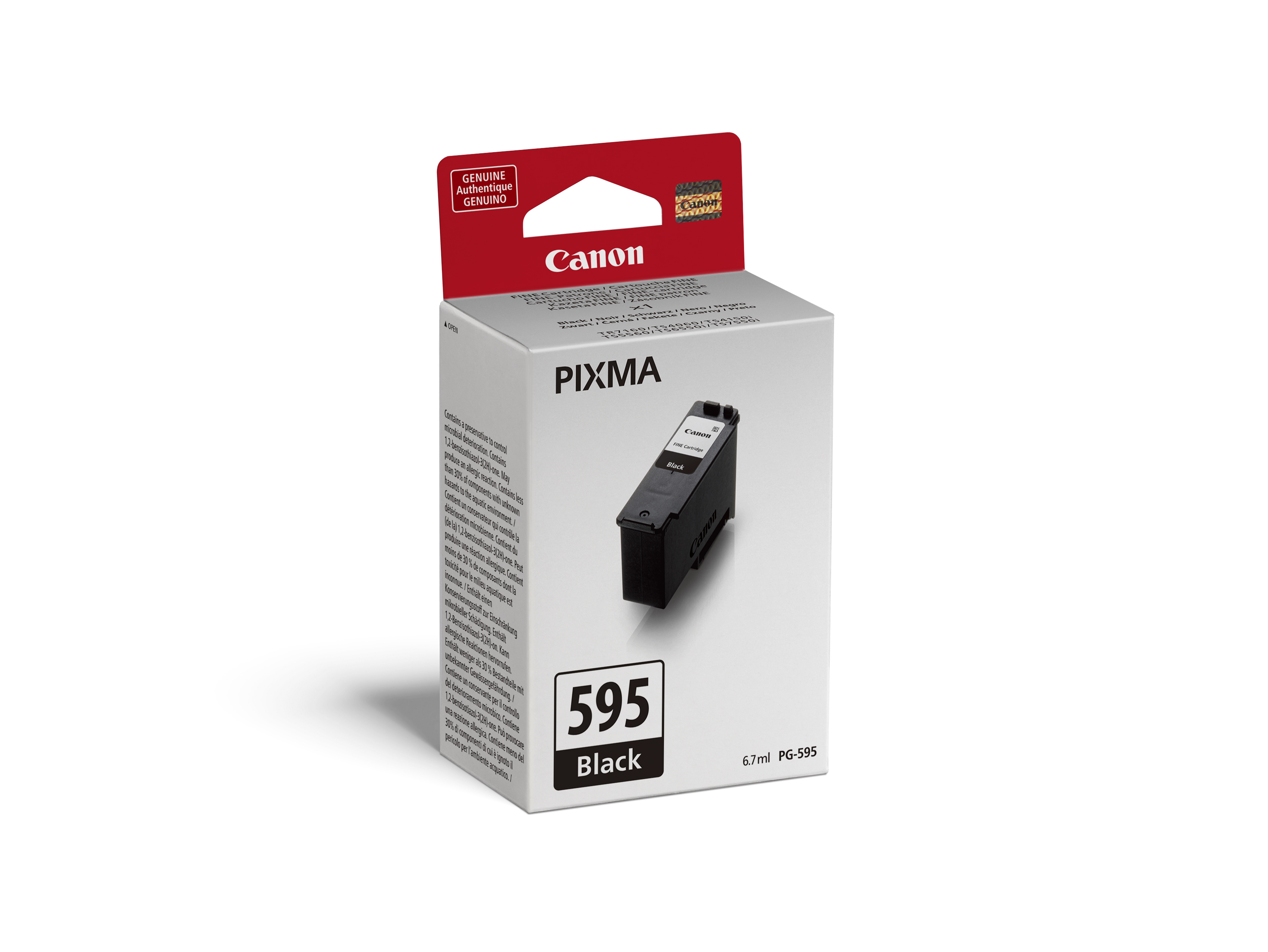 Pudełko z wkładem atramentowym Canon Pixma 595 Black na białym tle. Pudełko jest białe i ma czerwone akcenty.