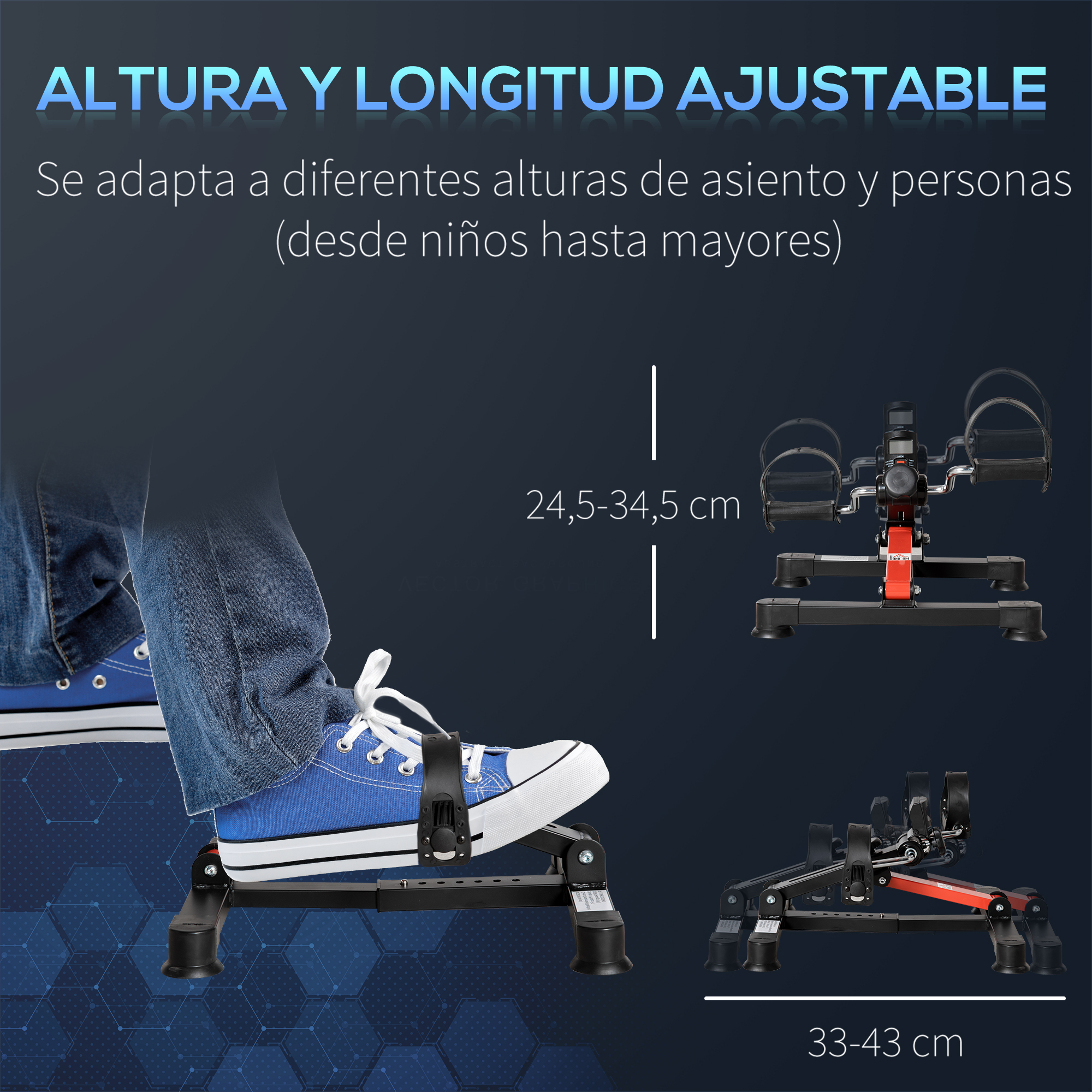 La imagen muestra equipos de ejercicio ajustables con el pie de una persona sobre ellos. El texto indica altura y longitud ajustables.