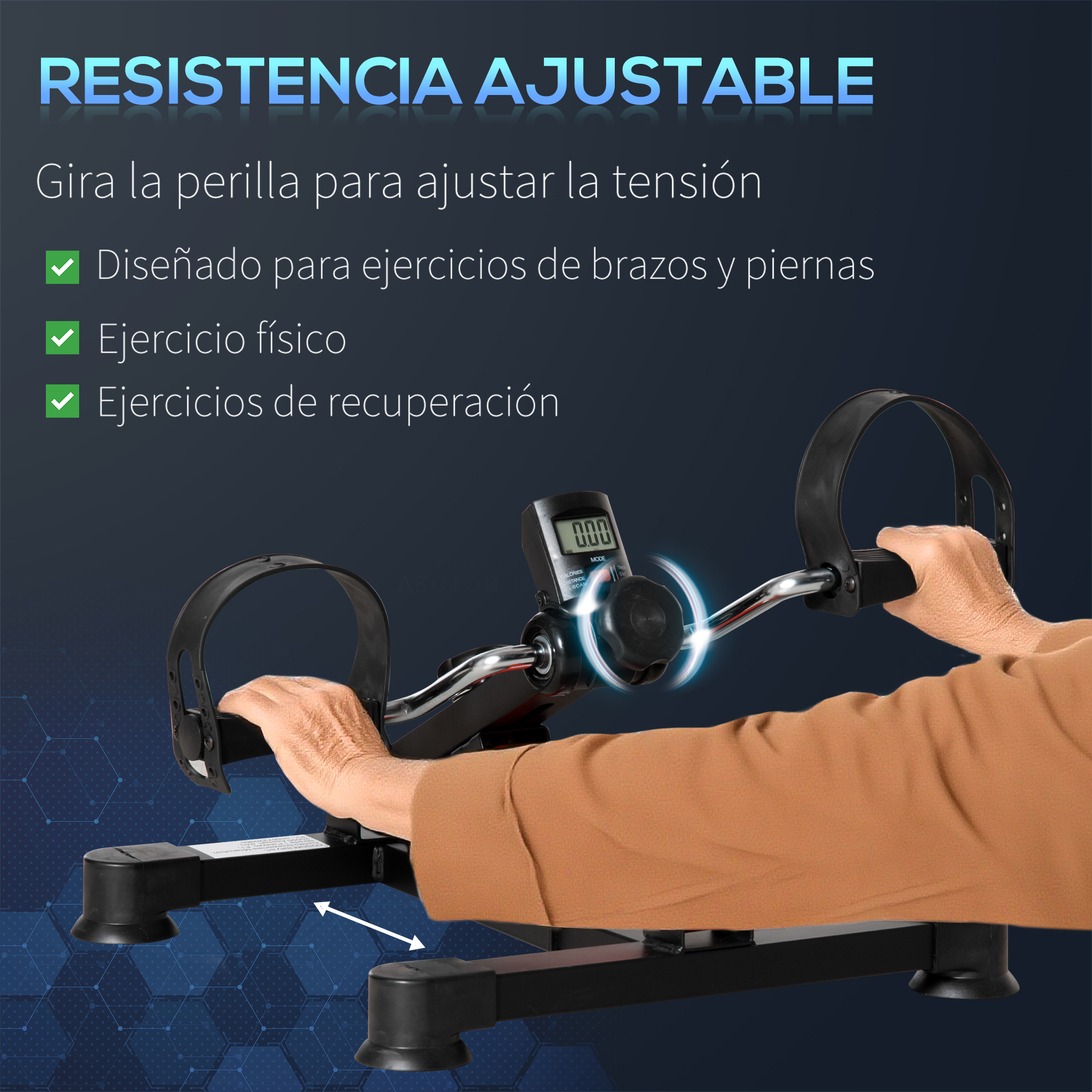 Una máquina de ejercicios de resistencia ajustable. Una persona la usa con las manos en los mangos.