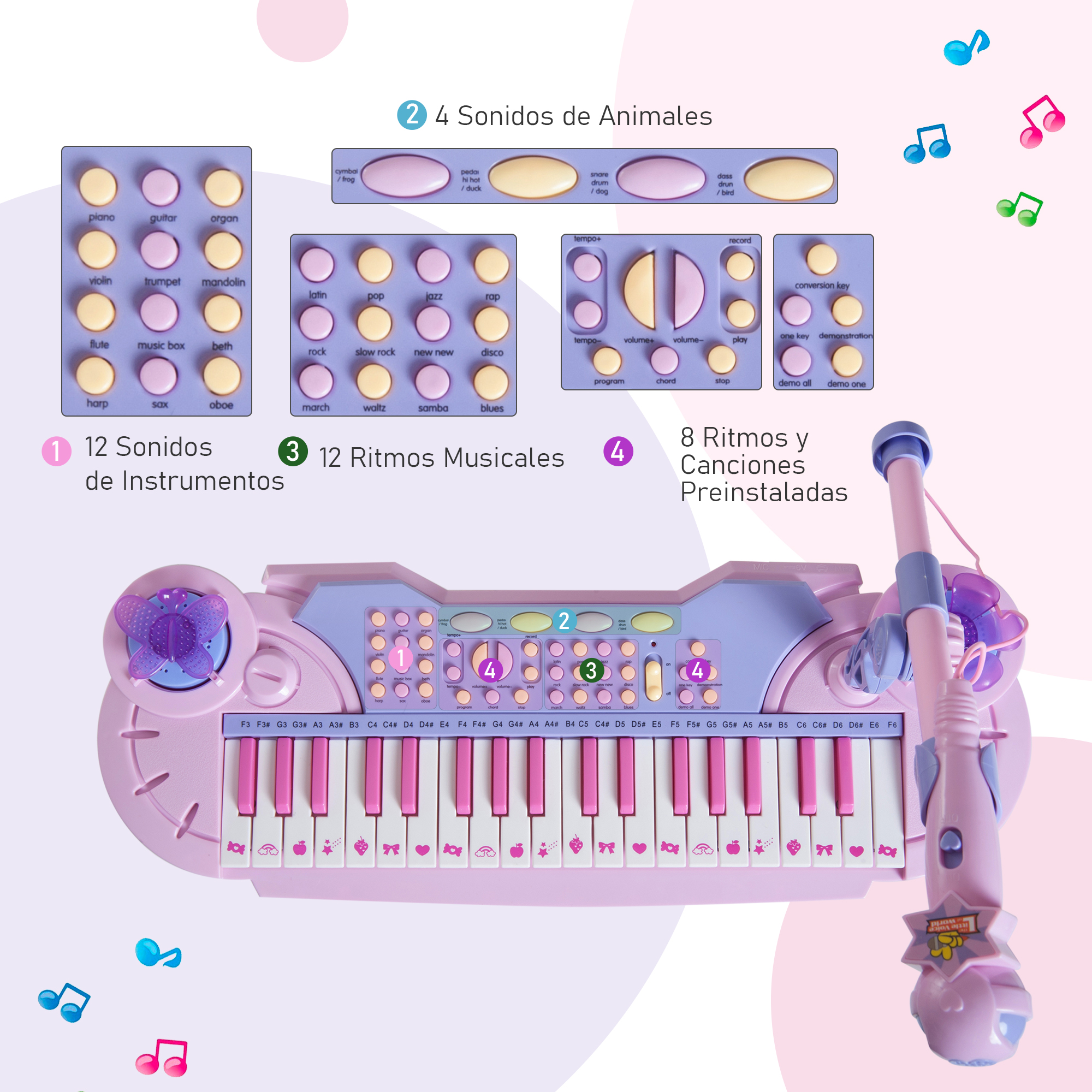 Un teclado de juguete rosa con teclas, botones y un micrófono. Incluye sonidos de animales y canciones preinstaladas.