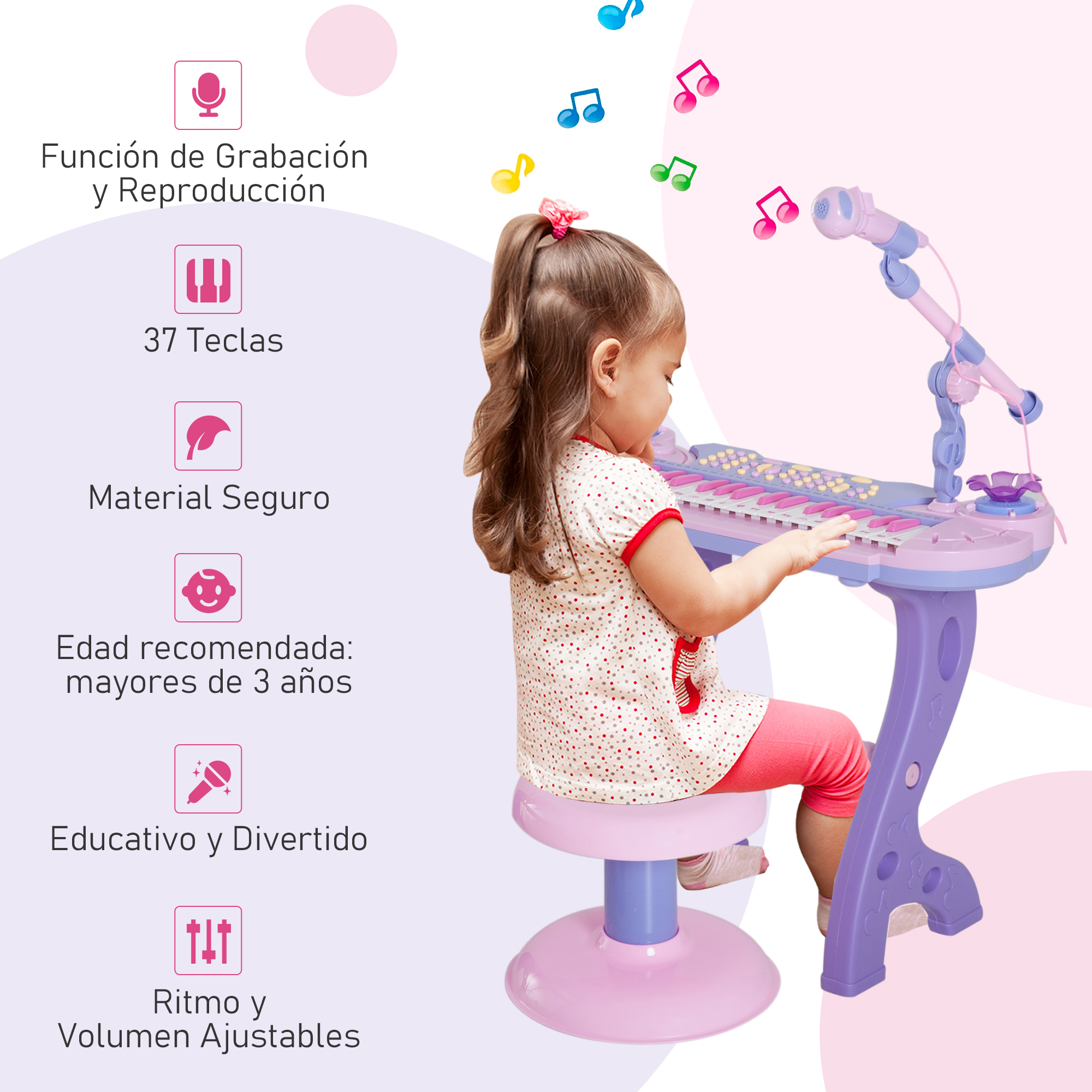 Una niña toca un piano de juguete con un micrófono. El piano es rosa y morado. Notas musicales flotan. Texto en español visible.
