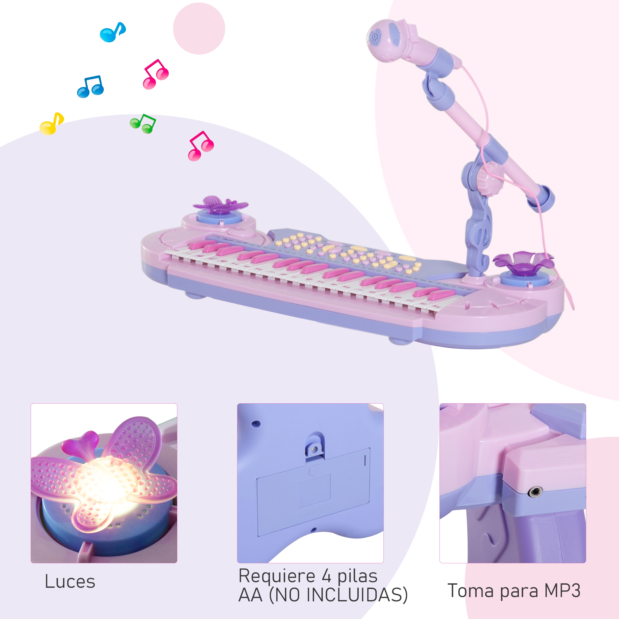 Un teclado de juguete rosa y morado con micrófono y notas musicales decorativas.