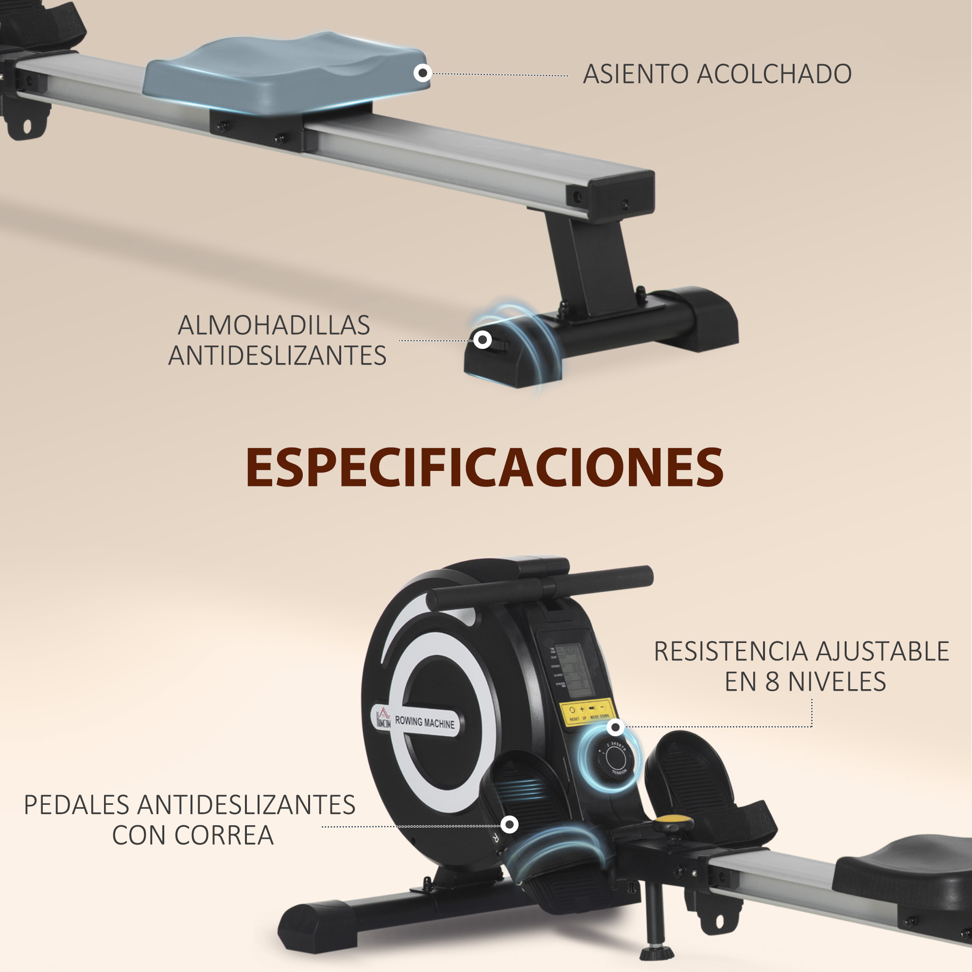 Una máquina de remo con resistencia ajustable, pedales antideslizantes y asiento acolchado, con textos en español.