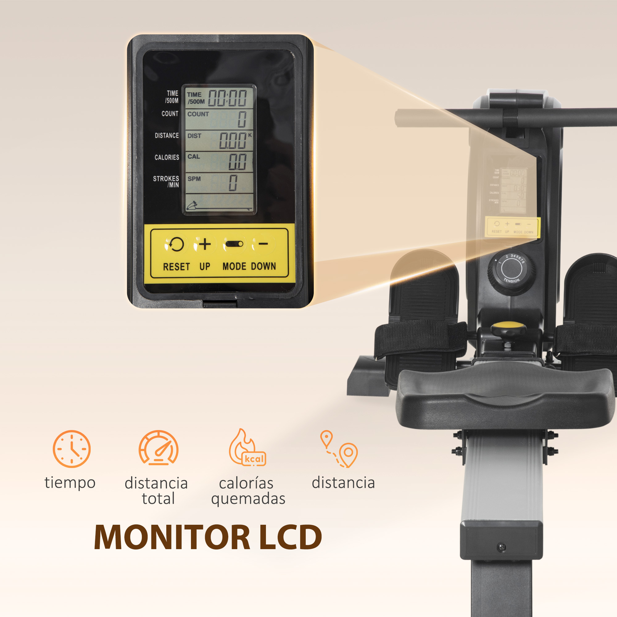 Máquina de remo con monitor LCD que muestra tiempo, distancia, calorías y brazadas. Acentos negros y amarillos, con iconos naranjas.