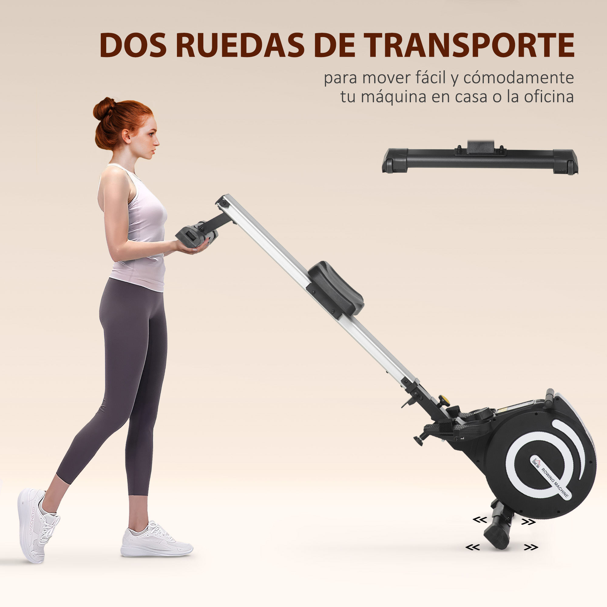 Una mujer sostiene una máquina de remo. La máquina es negra y plateada. El texto superior dice 'Ruedas de transporte'.