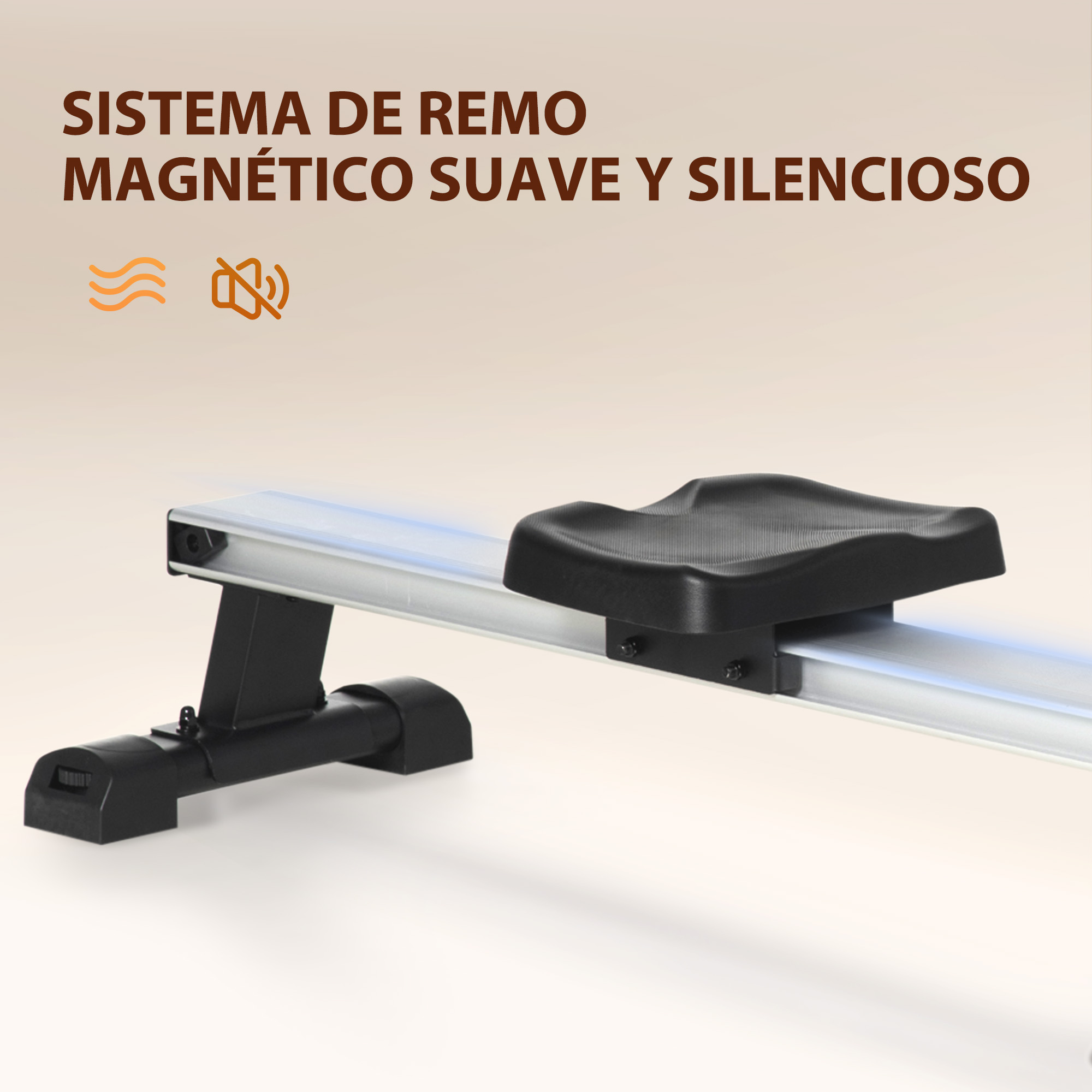 Detalle de la máquina de remo. Asiento negro sobre un riel plateado. Soportes negros. Texto: sistema de remo magnético suave y silencioso.