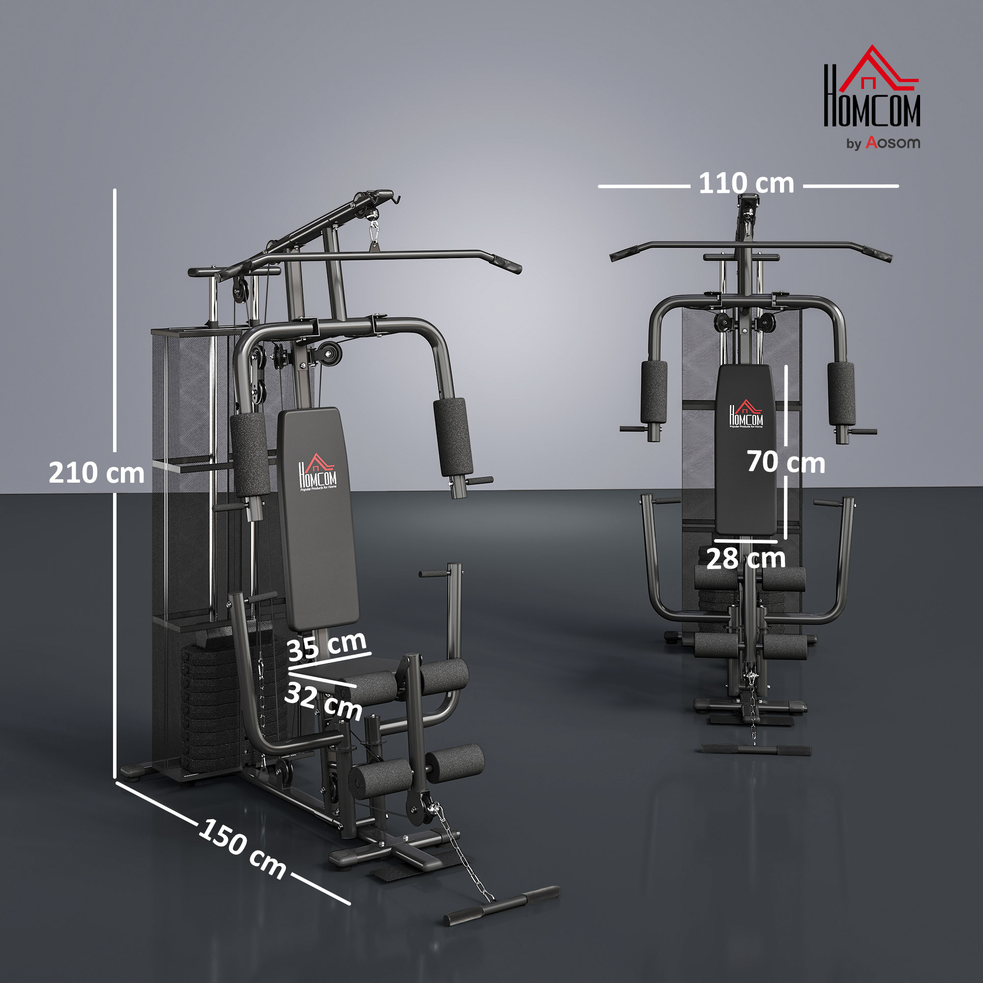 Un gimnasio múltiple Homcom negro y gris. Se indican las dimensiones. El logotipo de Homcom es visible. Fondo gris.