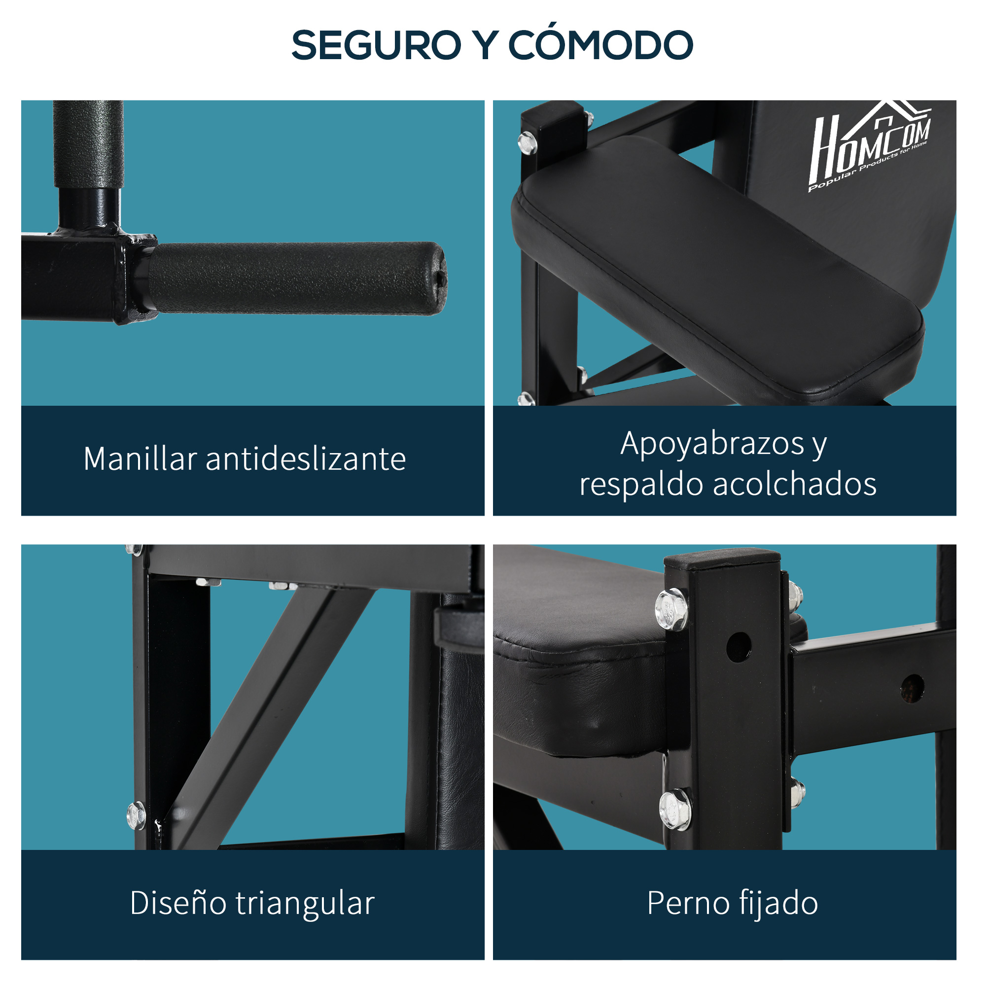 Primer plano de un banco de ejercicios negro con reposabrazos acolchados y respaldo. Incluye un mango antideslizante y diseño triangular.
